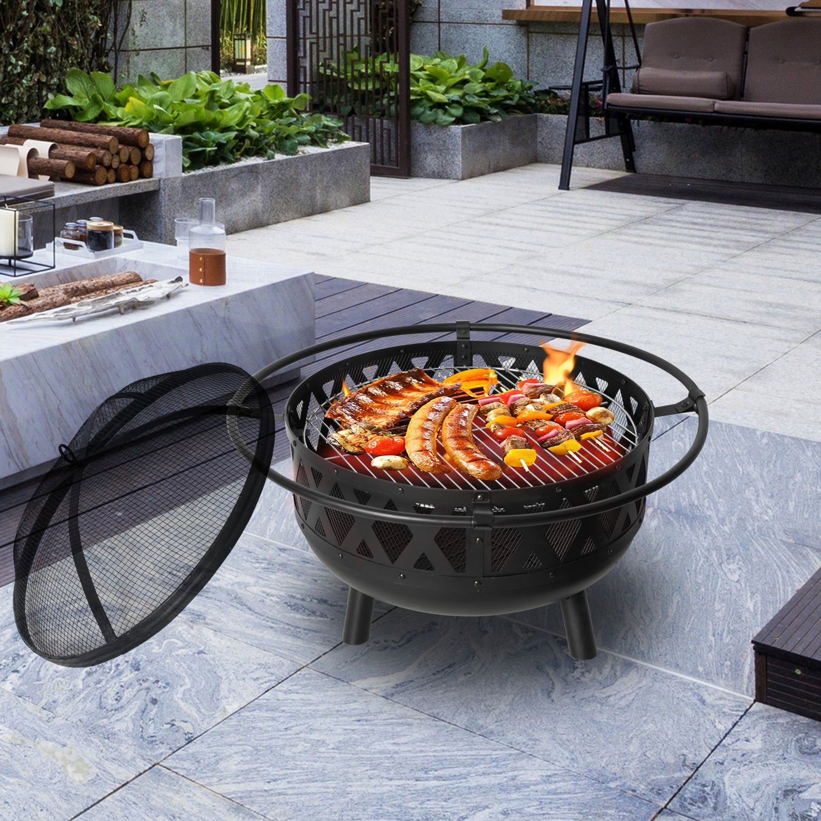 22.8" Round Outdoor Wood Burning Fire Pit with Steel BBQ Grill, Spark Screen and Poker