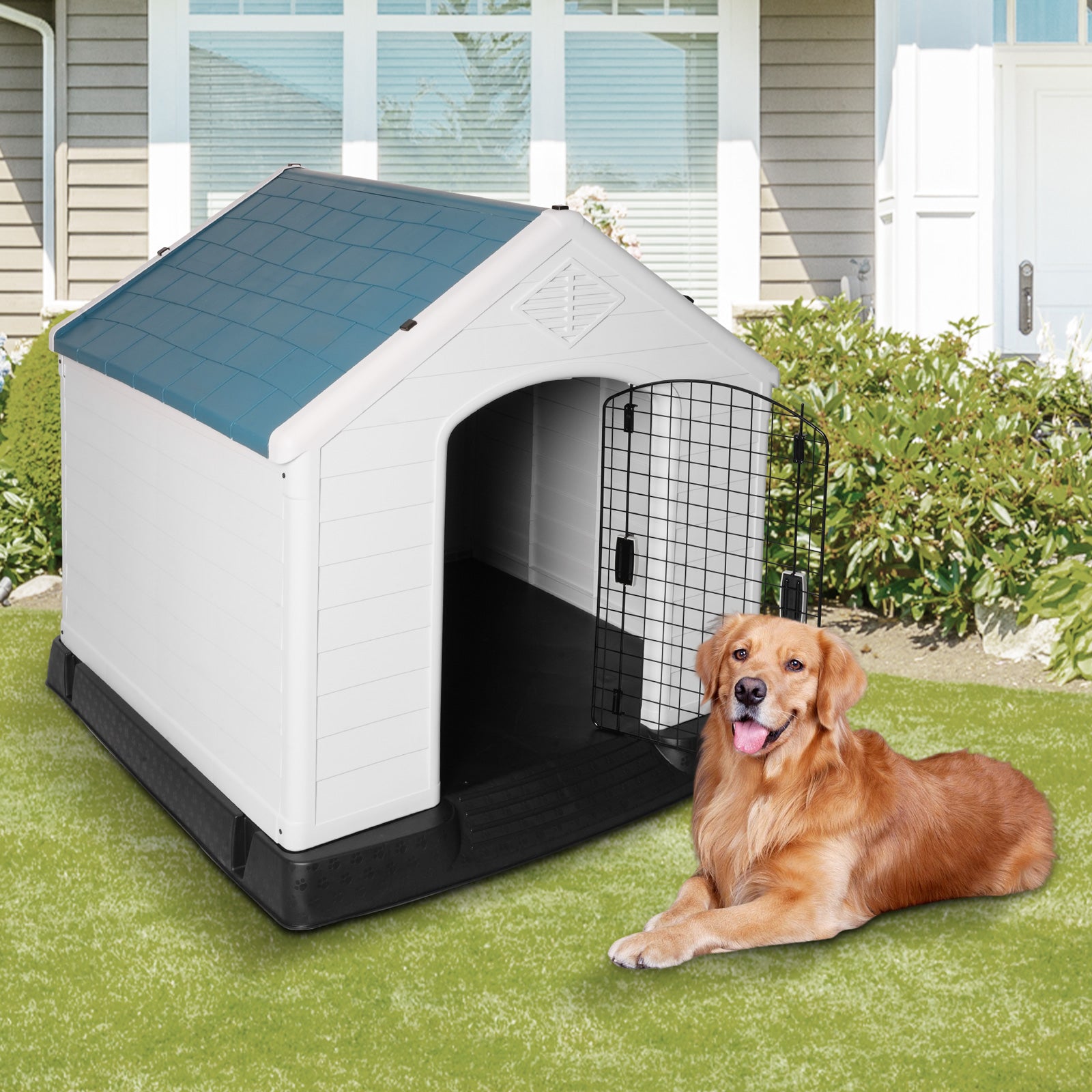 Extra Large Outdoor Dog House Plastic Waterproof Kennel, 42.5"L x 46"W x 45"H