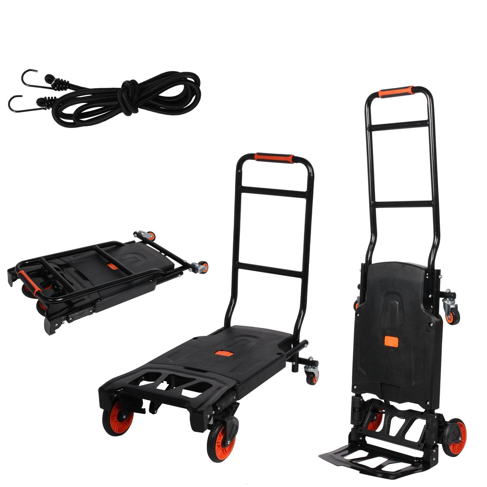2 in 1 One-Button Folding Hand Truck Folding Portable Flatbed Dolly Cart with Secure Cord, 330lbs Capacity - Luckyermore