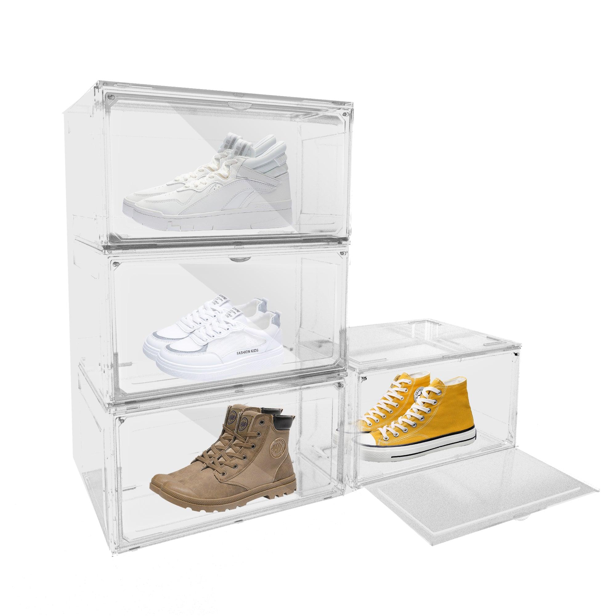 Set of 4 Shoe Storage Box Clear Plastic Stackable Shoe Organizer with Front Magnetic Door