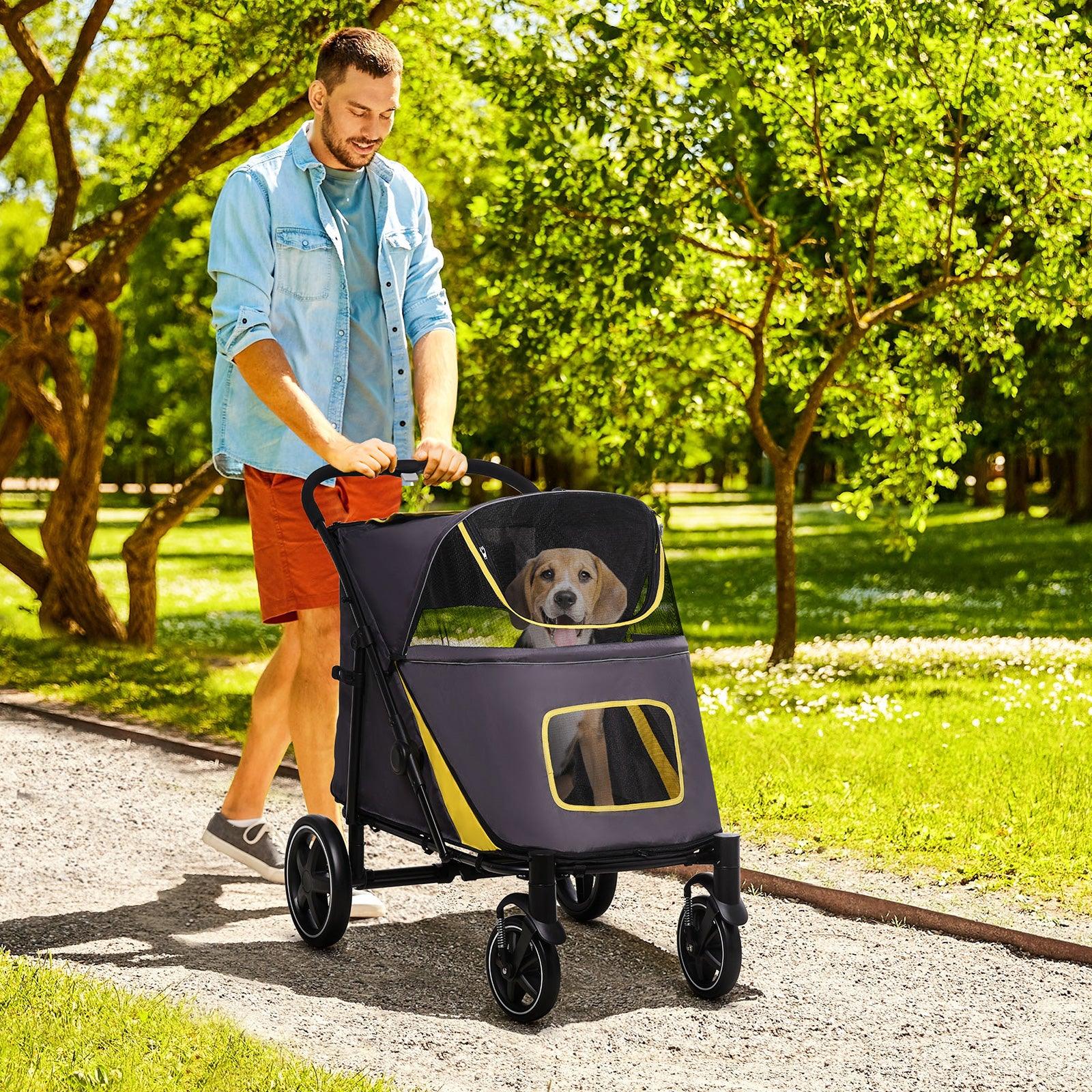 Foldable Pet Stroller Travel Carrier with Storage Pocket, Breathable Mesh, Gray and Yellow