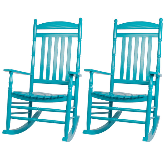 Set of 2 Outdoor Rocking Chairs Wooden High Back Rocker with Armrest for Garden Patio, Blue