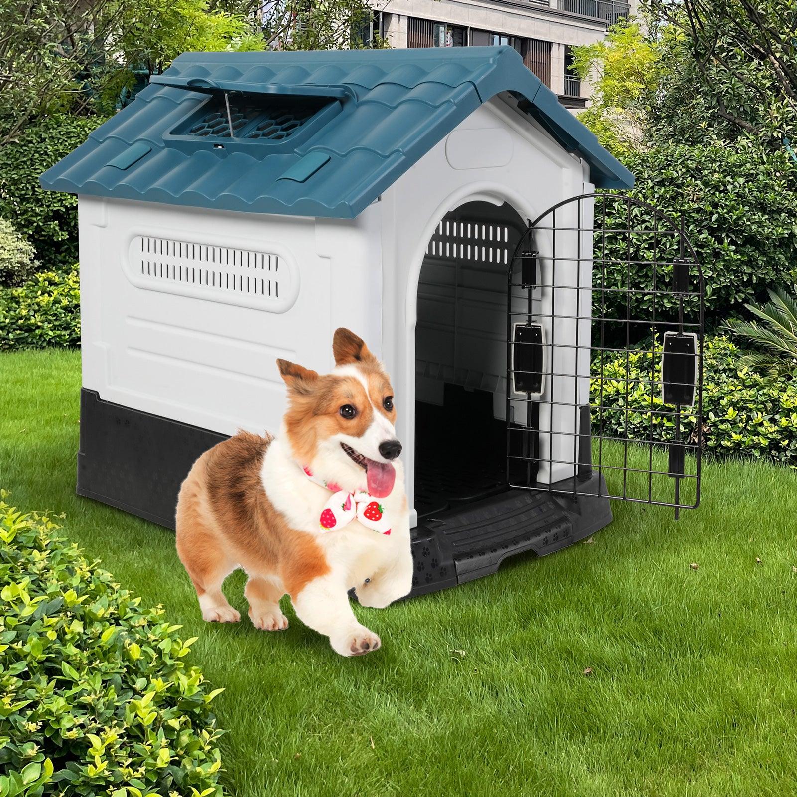 Outdoor Small Dog House Plastic Waterproof Kennel with Air Vents, 23.6"L x 18.9"W x 25.6"H, Blue Roof - Luckyermore