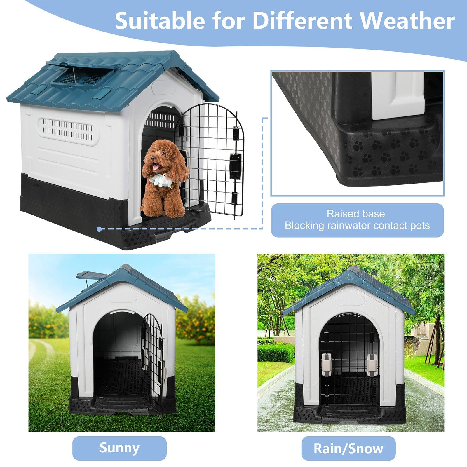 Outdoor Small Dog House Plastic Waterproof Kennel with Air Vents, 23.6"L x 18.9"W x 25.6"H, Blue Roof - Luckyermore