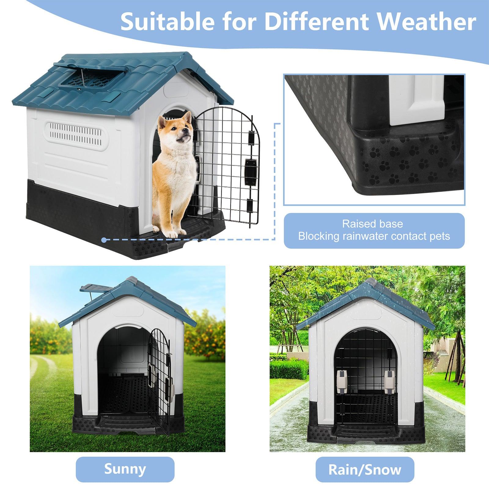 Outdoor Medium Dog House Plastic Waterproof Kennel with Air Vents, 33"L x 27.6"W x 29.9"H, Blue Roof