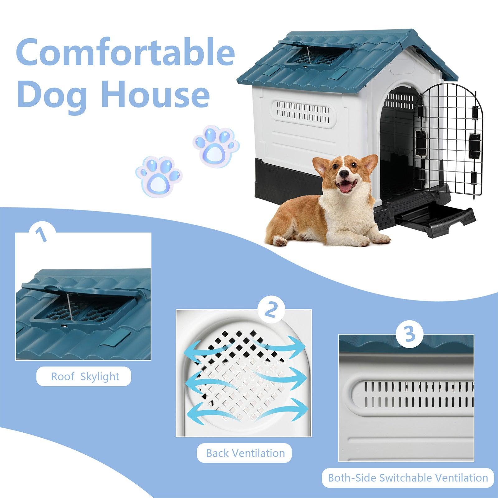 Outdoor Small Dog House Plastic Waterproof Kennel with Air Vents, 23.6"L x 18.9"W x 25.6"H, Blue Roof - Luckyermore