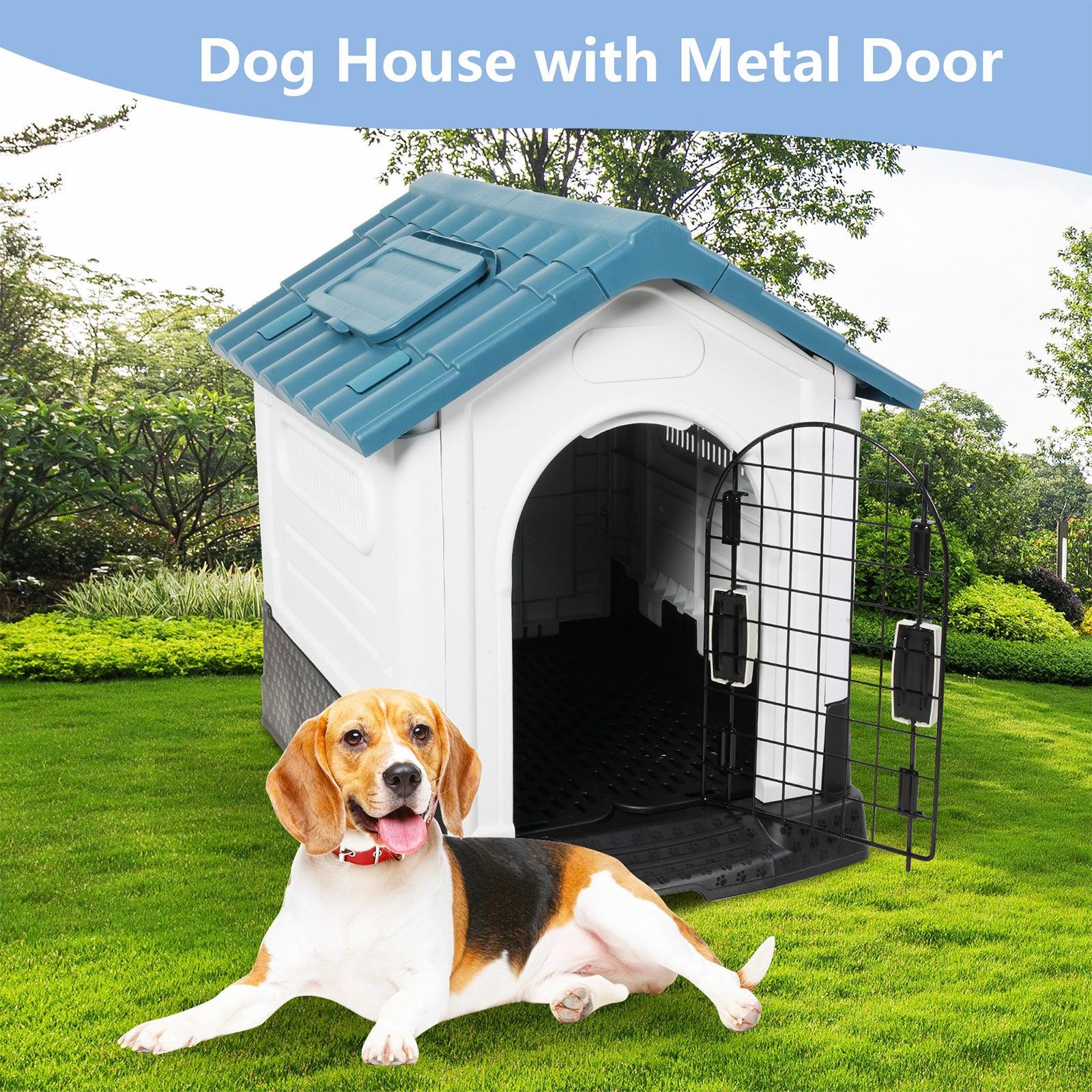 Outdoor Medium Dog House Plastic Waterproof Kennel with Air Vents, 33"L x 27.6"W x 29.9"H, Blue Roof