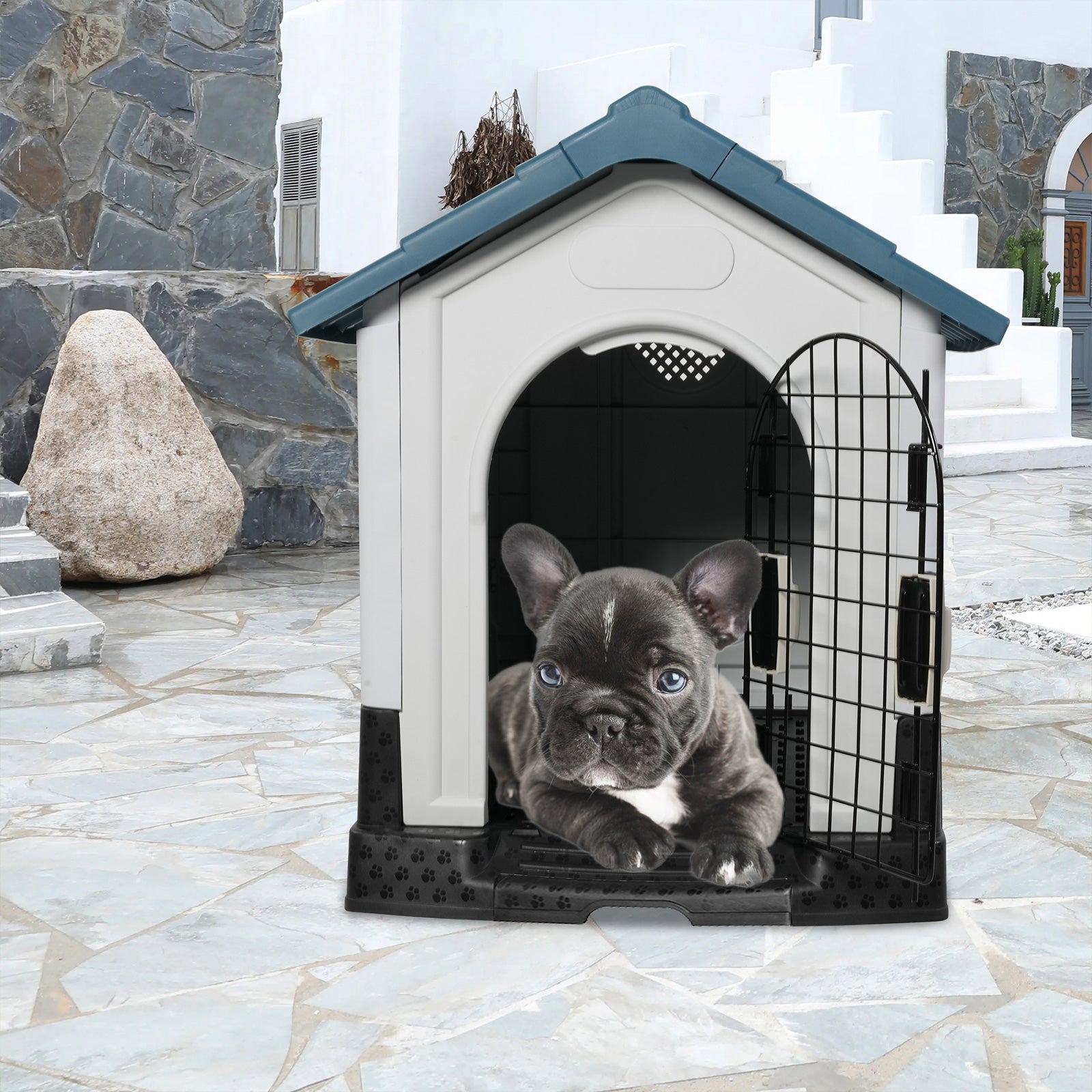 Outdoor Small Dog House Plastic Waterproof Kennel with Air Vents, 23.6"L x 18.9"W x 25.6"H, Blue Roof