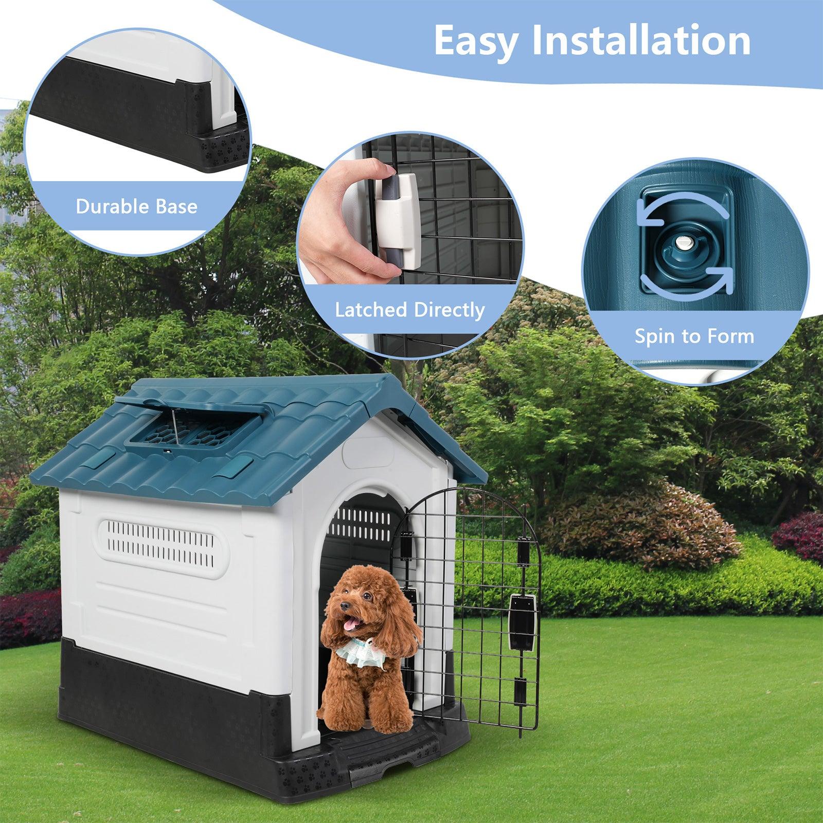 Outdoor Small Dog House Plastic Waterproof Kennel with Air Vents, 23.6"L x 18.9"W x 25.6"H, Blue Roof - Luckyermore