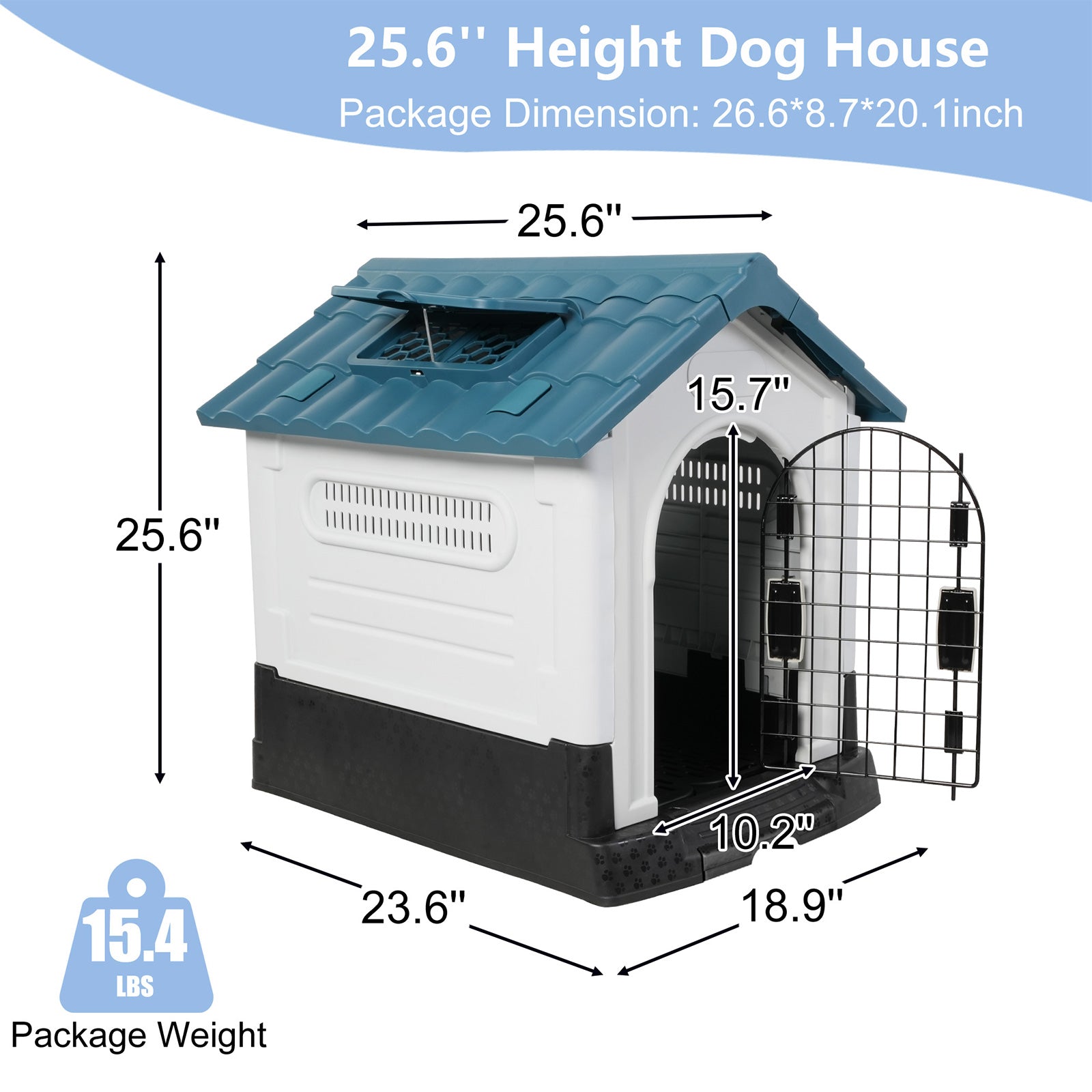 Outdoor Small Dog House Plastic Waterproof Kennel with Air Vents, 23.6"L x 18.9"W x 25.6"H, Blue Roof