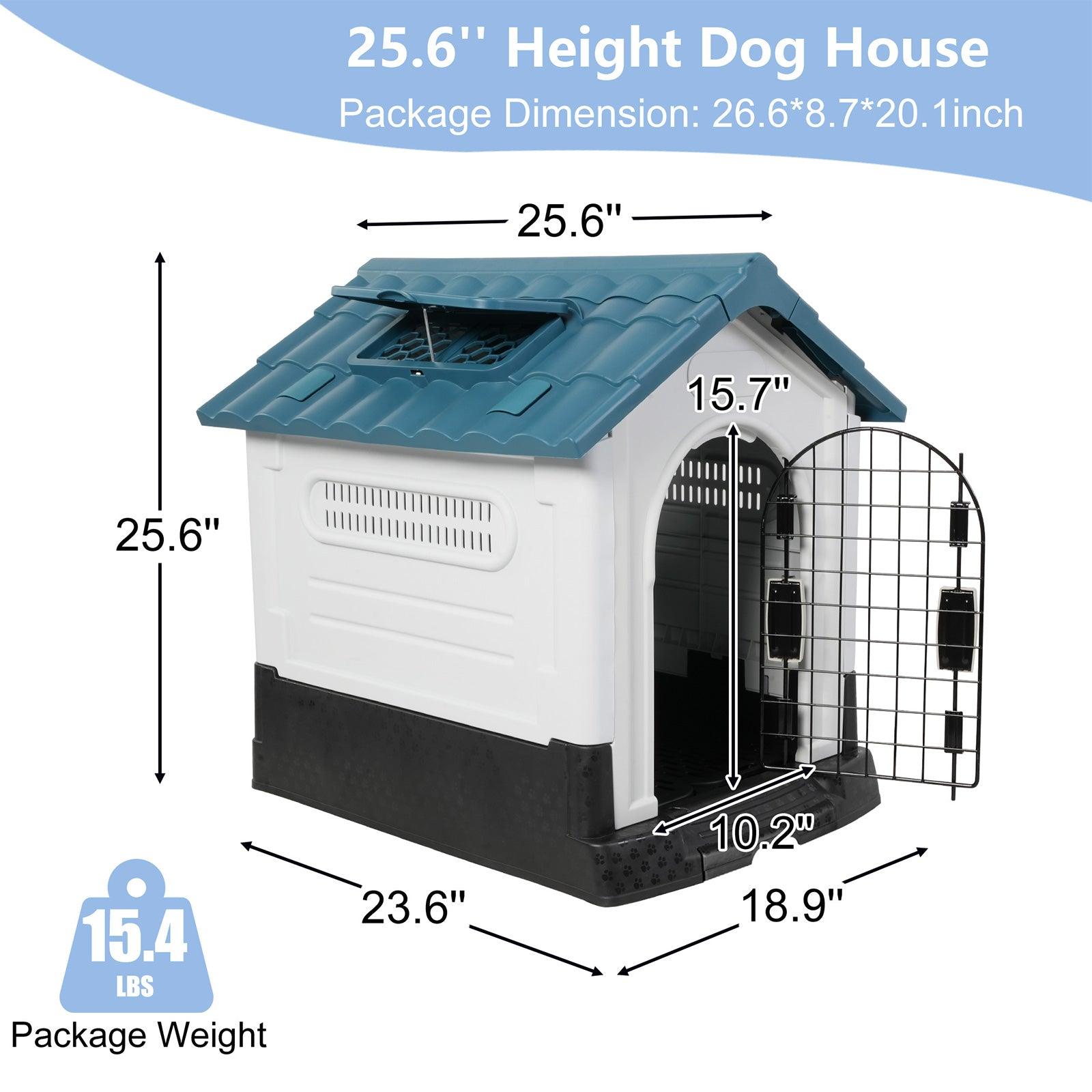 Outdoor Small Dog House Plastic Waterproof Kennel with Air Vents, 23.6"L x 18.9"W x 25.6"H, Blue Roof - Luckyermore