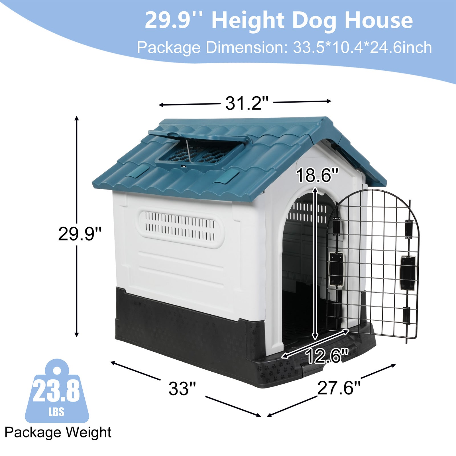 Outdoor Medium Dog House Plastic Waterproof Kennel with Air Vents, 33"L x 27.6"W x 29.9"H, Blue Roof