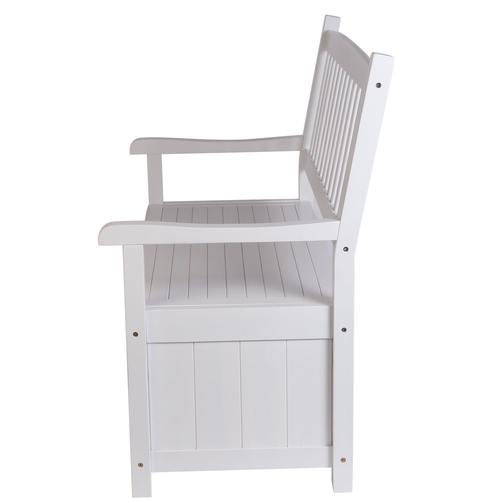 LUCKYERMORE Outdoor Storage Bench Wooden Deck Box Bench Outdoor Seating with Back, White
