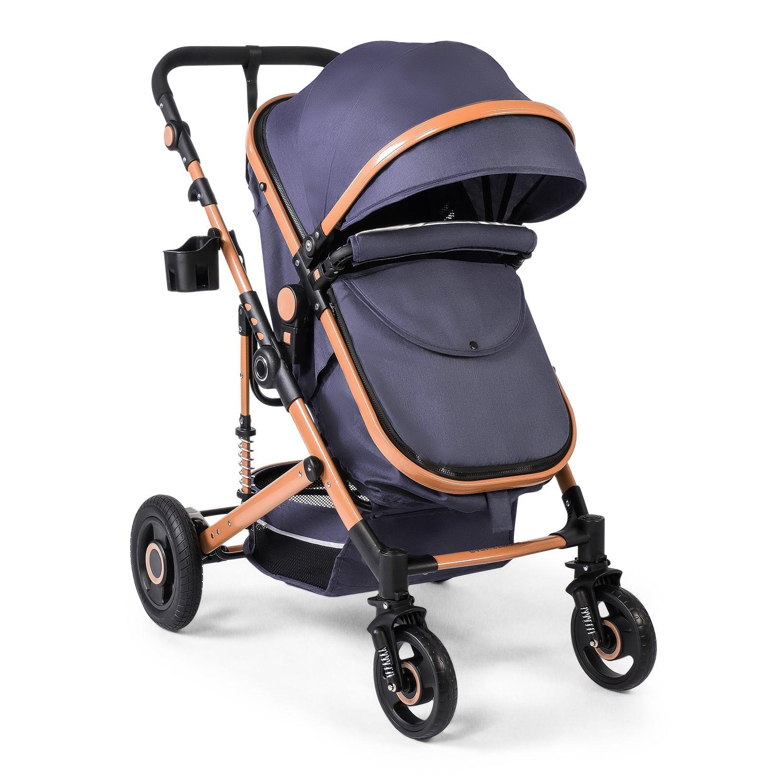 2 in 1 Baby Stroller Newborn Reversible Bassinet Pram Foldable Pushchair with Adjustable Canopy, Navy Blue - Luckyermore
