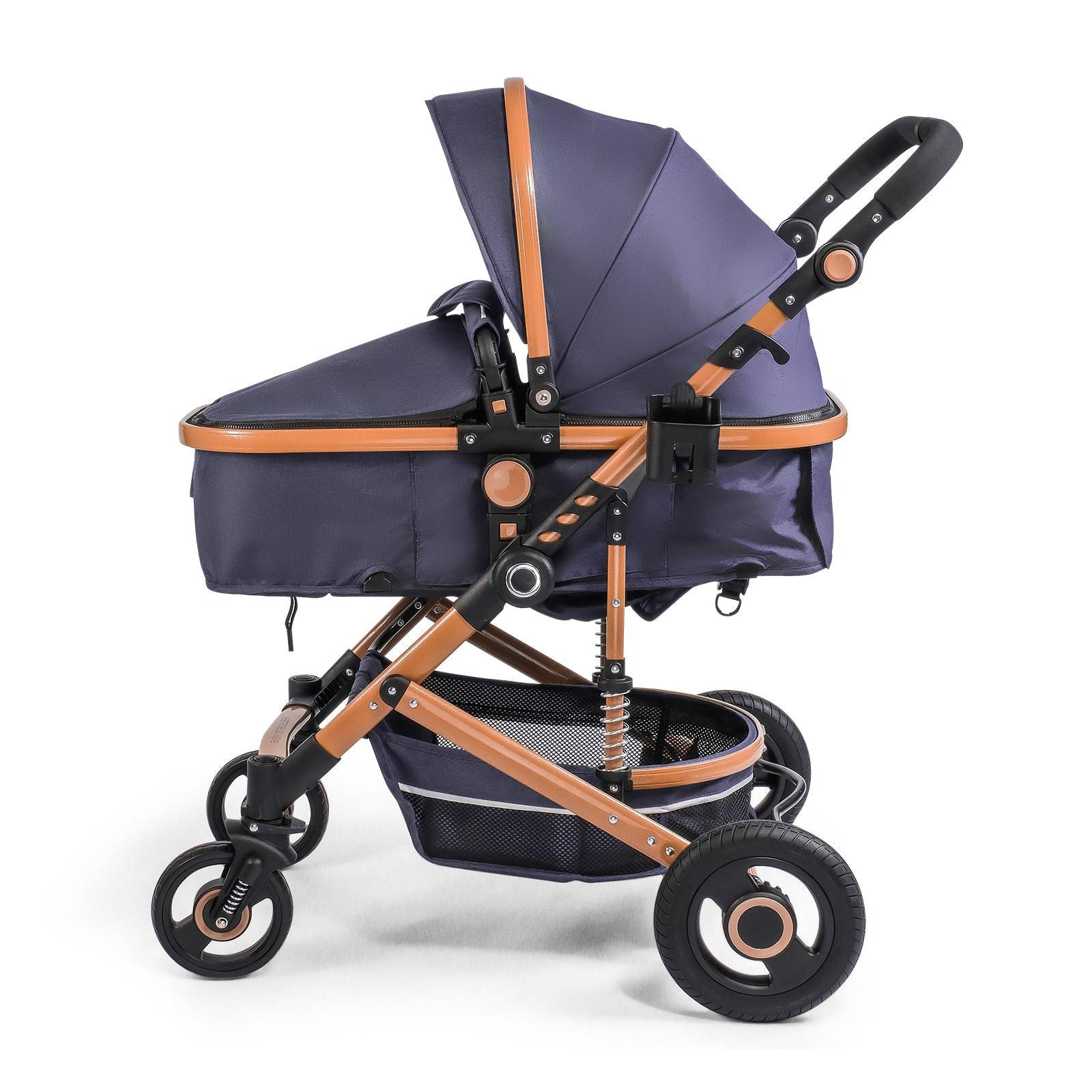 2 in 1 Baby Stroller Newborn Reversible Bassinet Pram Foldable Pushchair with Adjustable Canopy, Navy Blue - Luckyermore