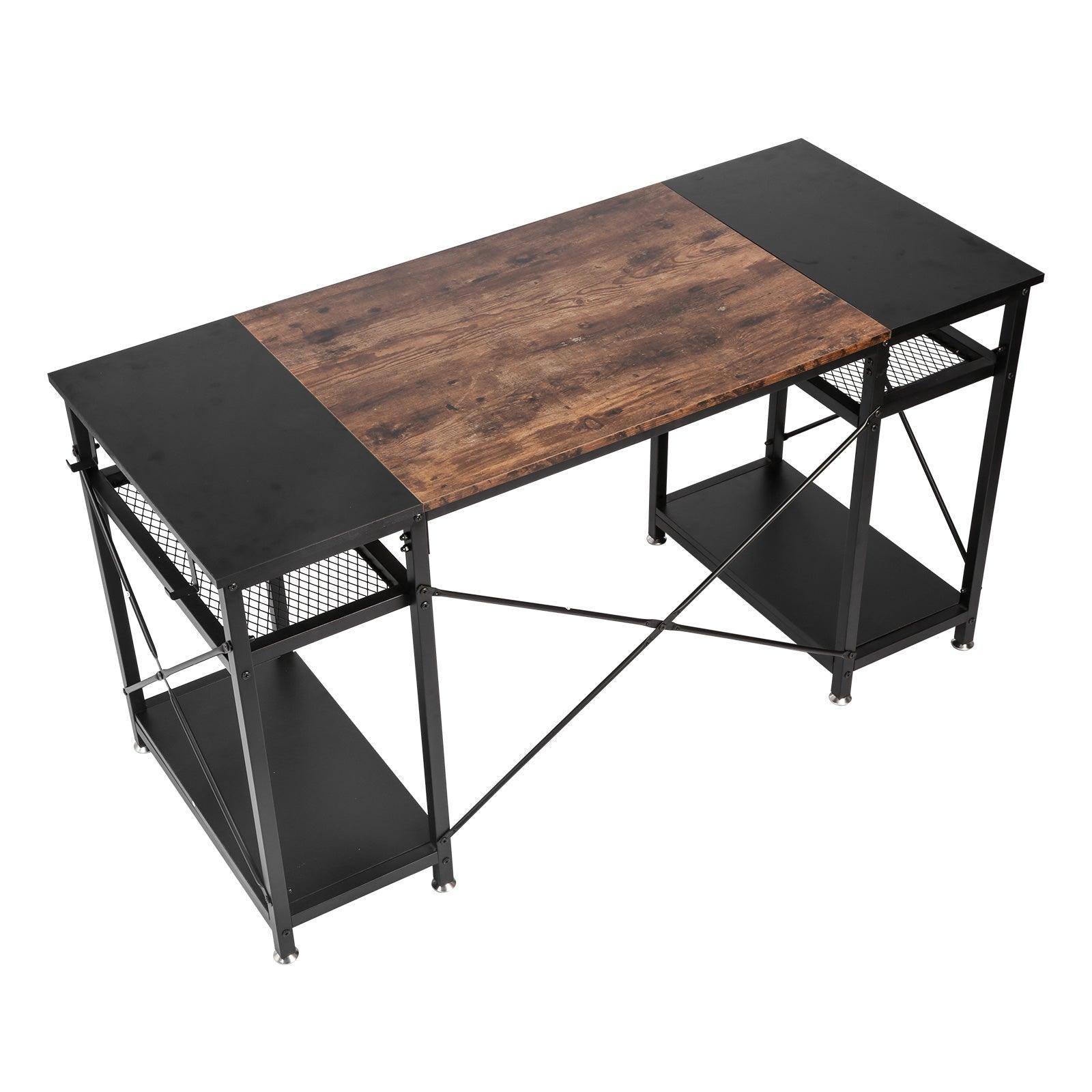 47.2" Home Office Computer Desk with Storage Shelves and 4 Hooks, Rustic and Black - Luckyermore