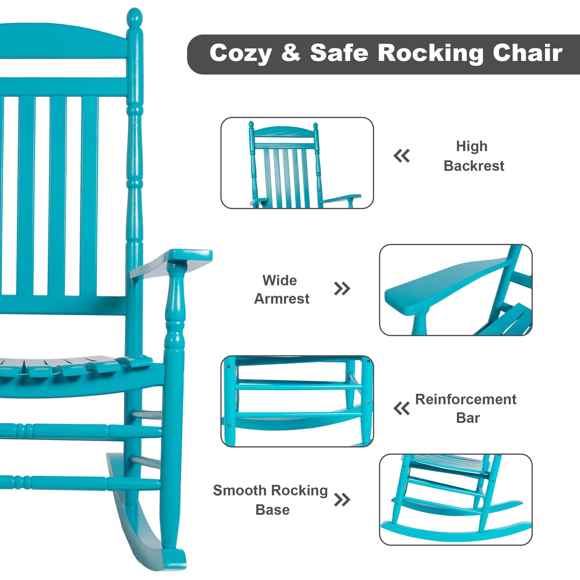 LUCKYERMORE Set of 2 Outdoor Rocking Chairs Wooden High Back Rocker with Armrest for Garden Patio, Blue