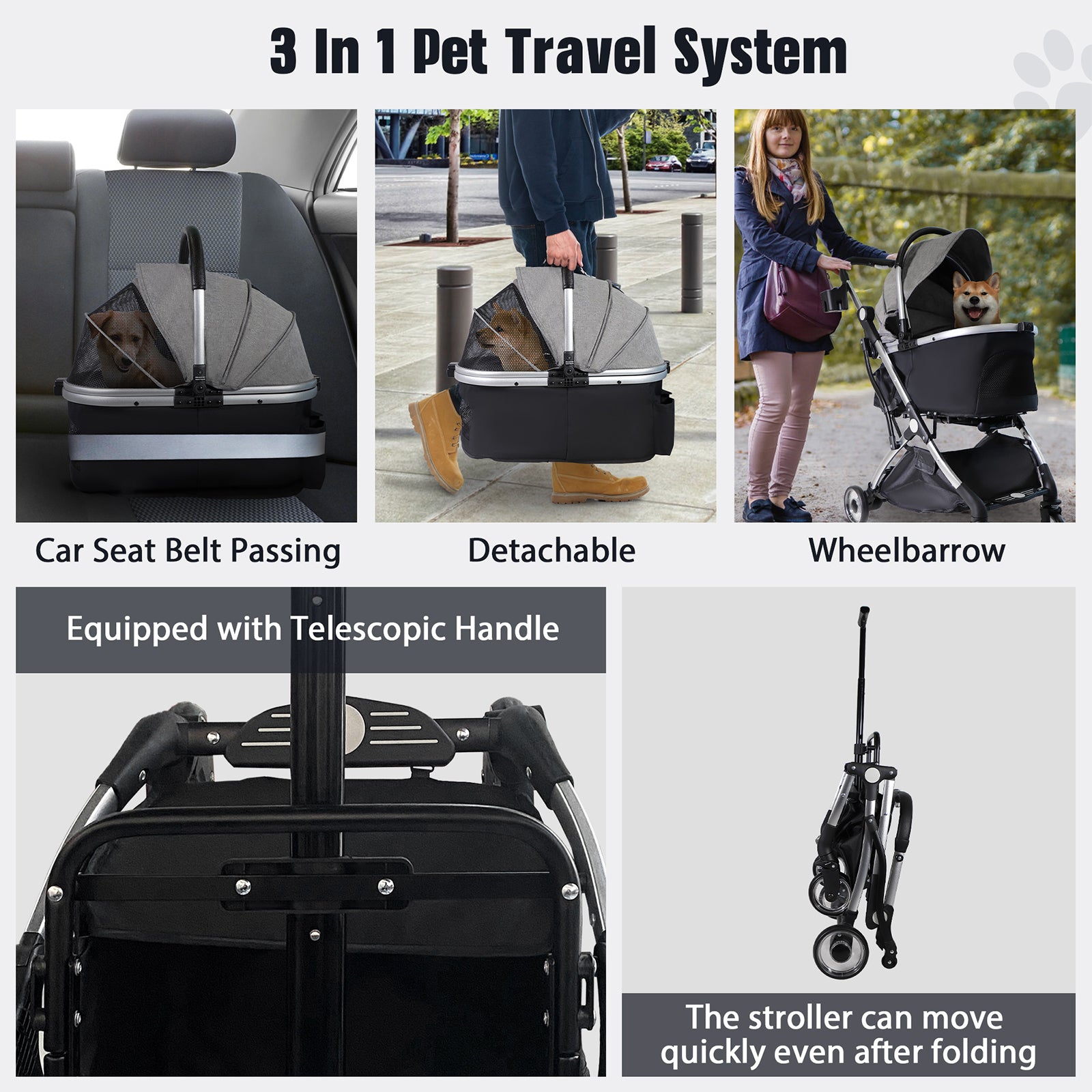 3 in 1 Travel Dog Stroller Pet Carrier with Detachable Carrier & Adjustable Handle, Gray