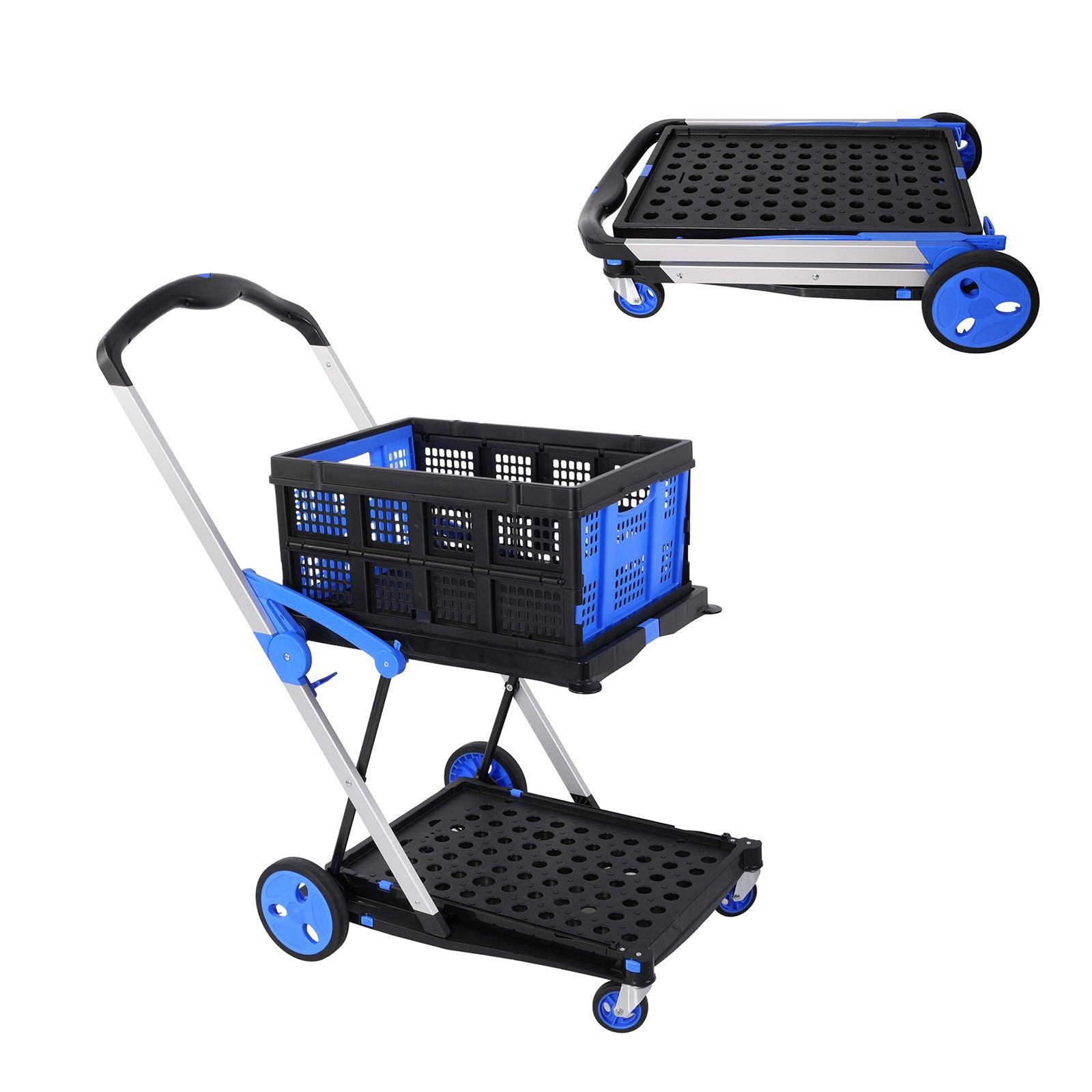 2-Tier Multi-Functional Collapsible Carts Foldable Trolley with Storage Crate Rolling Swivel Wheels