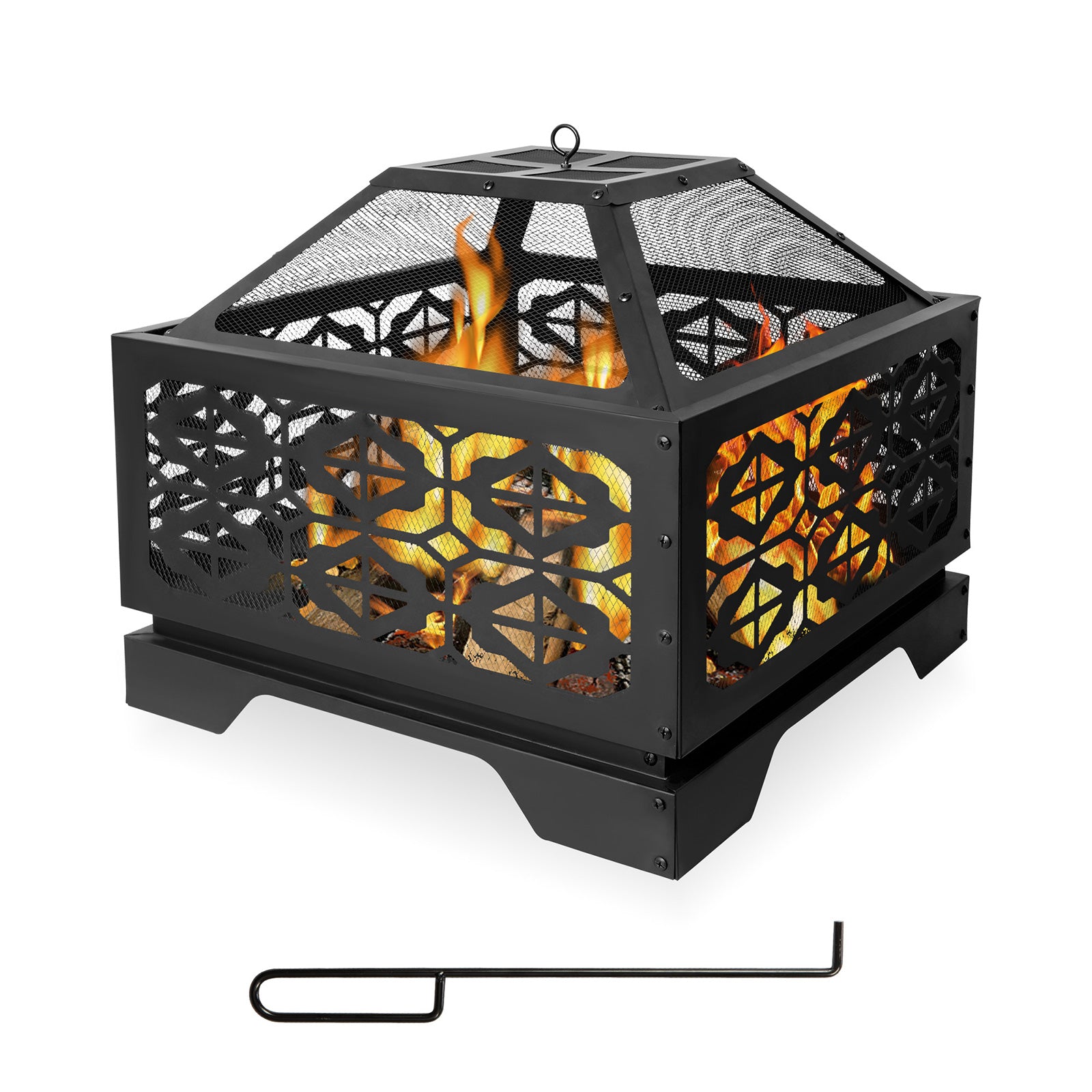 26" Square Outdoor Wood Burning Fire Pit with Steel BBQ Grill, Spark Screen and Poker