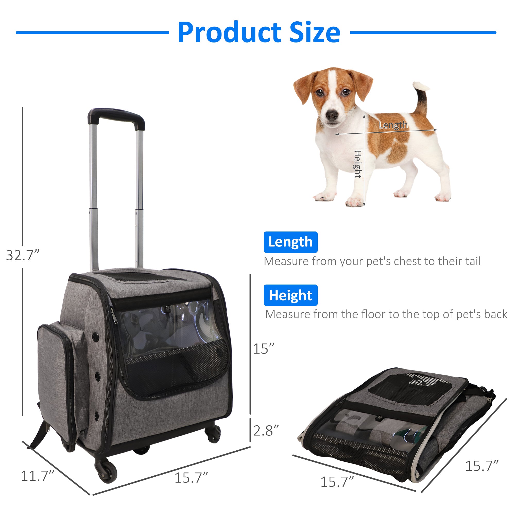 Pet Backpack with Wheels Dog Cat Travel Carrier Bag with Telescopic Handle, Gray