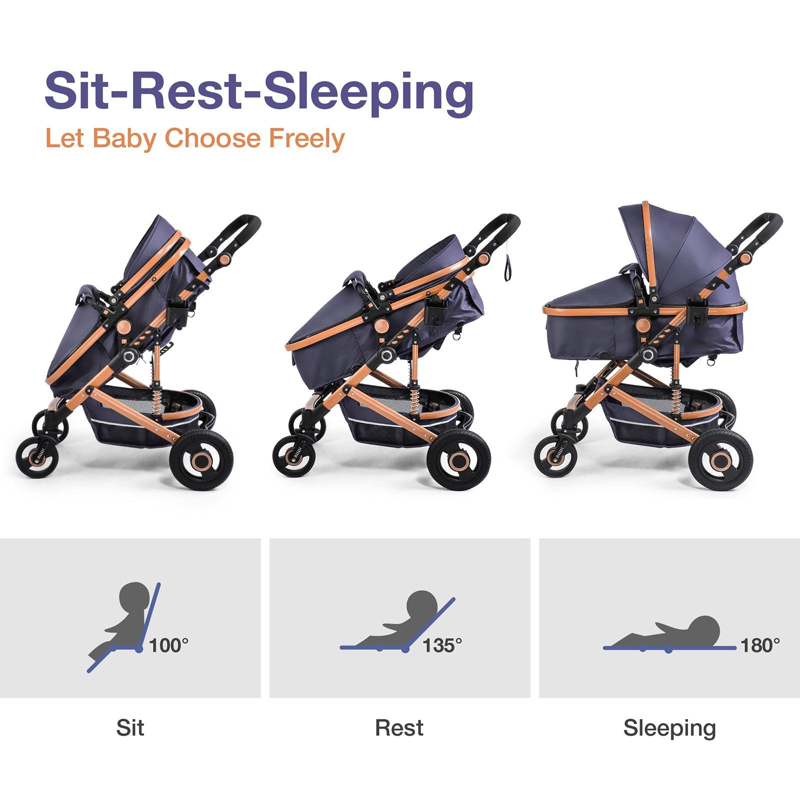 2 in 1 Baby Stroller Newborn Reversible Bassinet Pram Foldable Pushchair with Adjustable Canopy, Navy Blue - Luckyermore