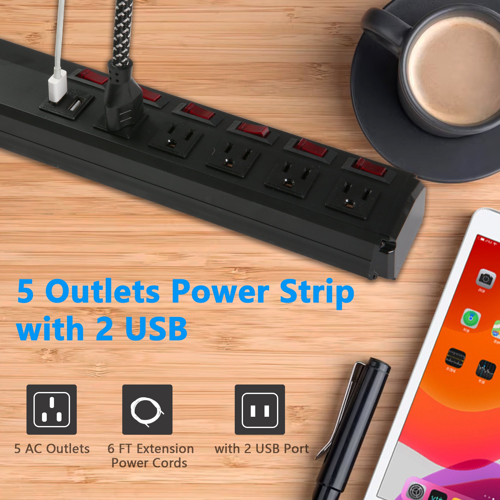 Set of 2 Power Strip 5 Outlets 2 USB Ports 6 Switches with Surge Protector Wall Mount, Black