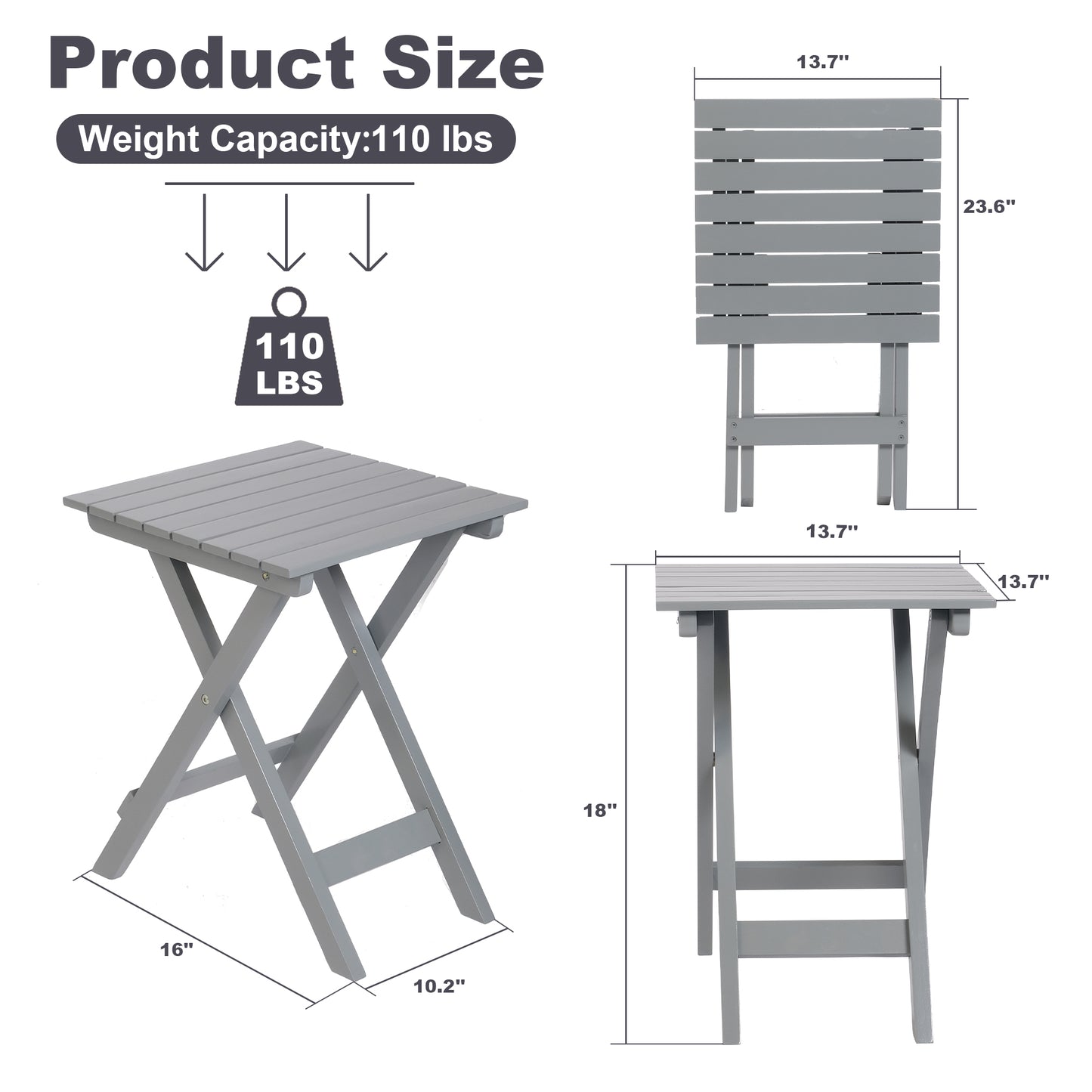 13.7" Square Outdoor Patio Folding Side Table Wood Portable End Table, Gray