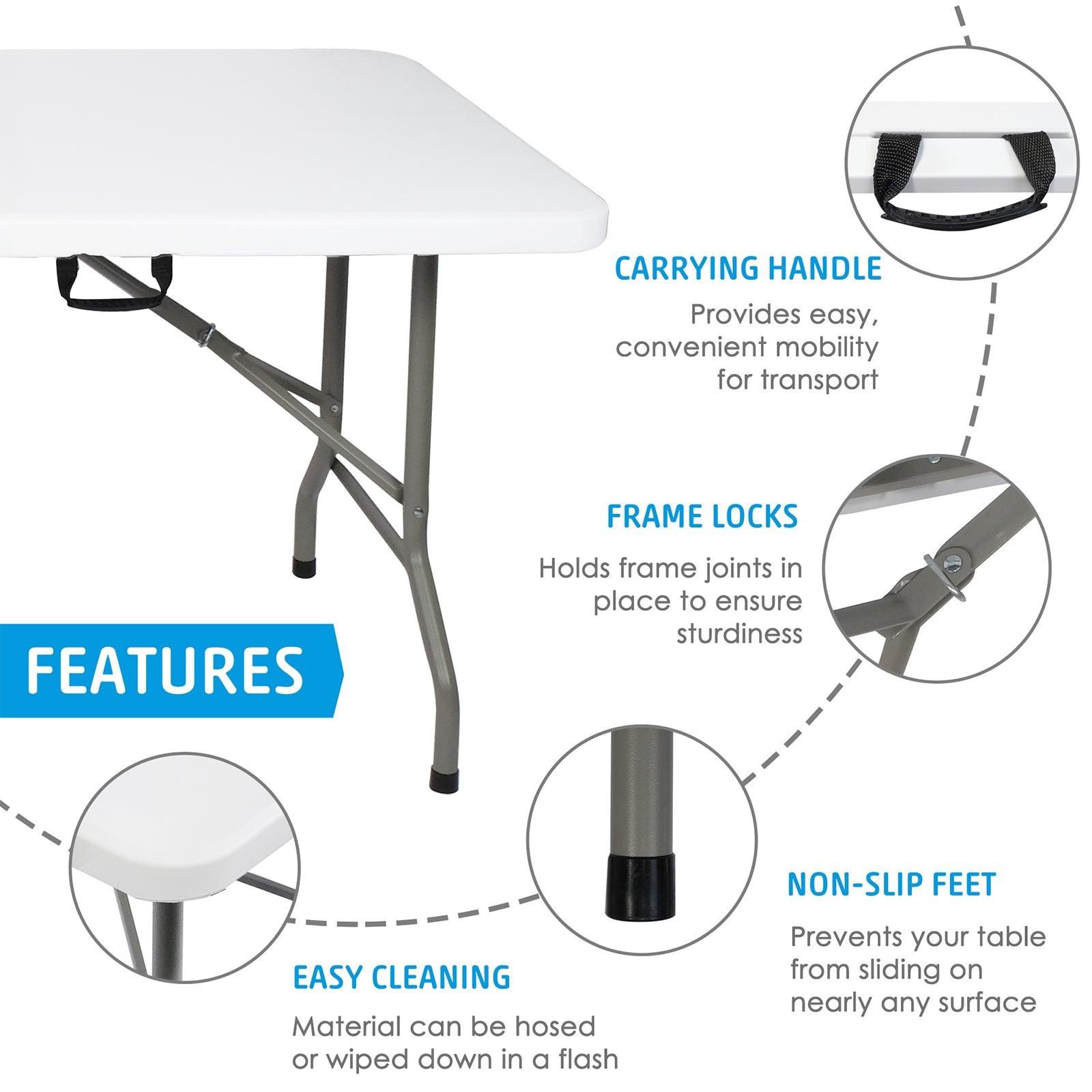 LUCKYERMORE 8ft Portable Folding Plastic Table for 8-10 Picnic Dining Table 96" with Carry Handle, White