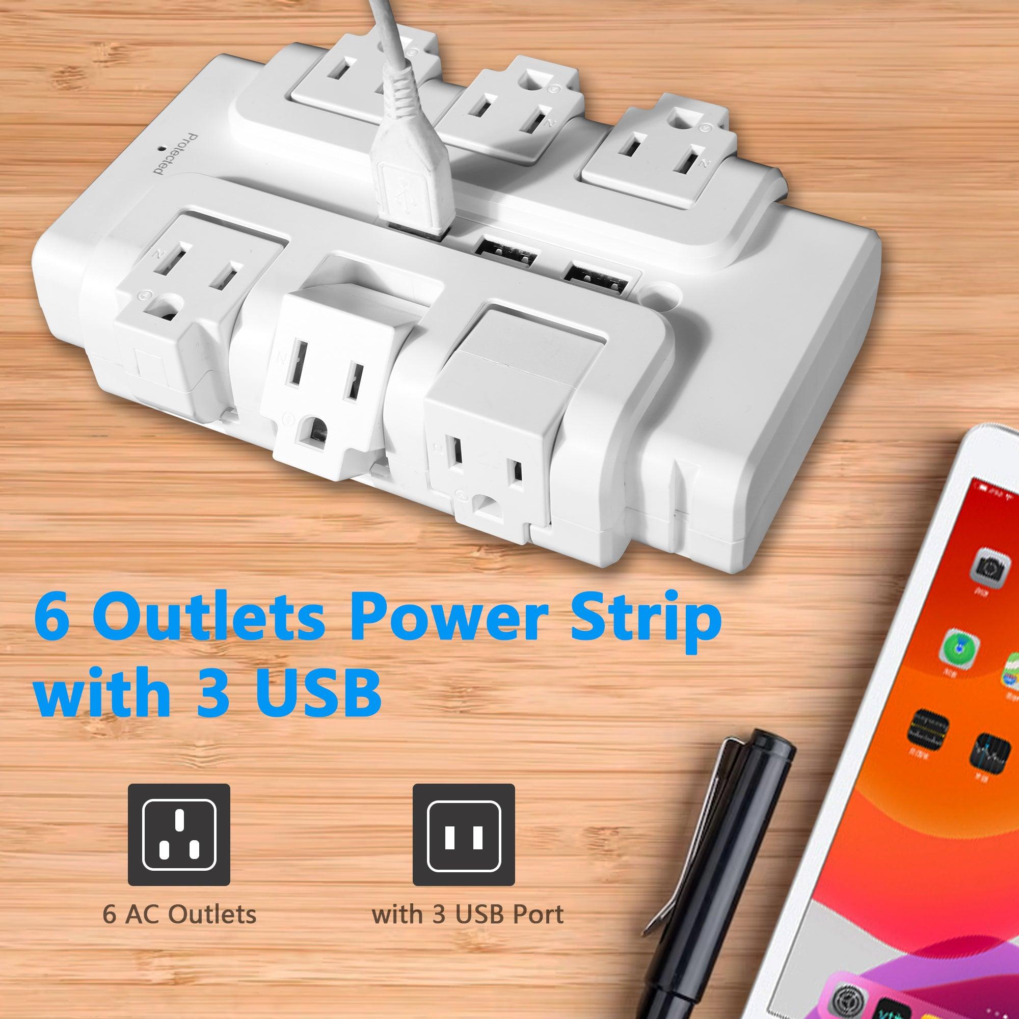 6 Outlet 3 USB Ports Rotating Power Strip with Surge Protector Wall Mount for Home Office