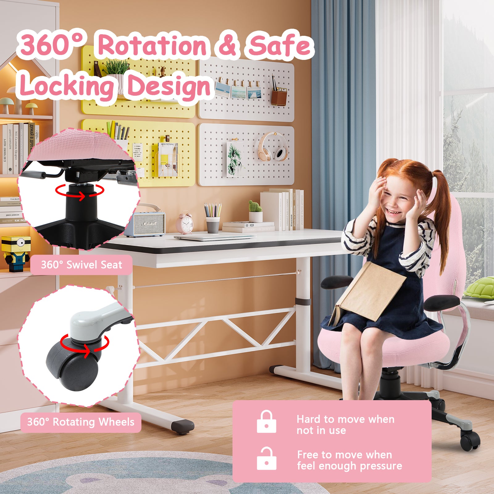 Ergonomic Kids Desk Chair Children Study Swivel Chair with Adjustable Height, Pink