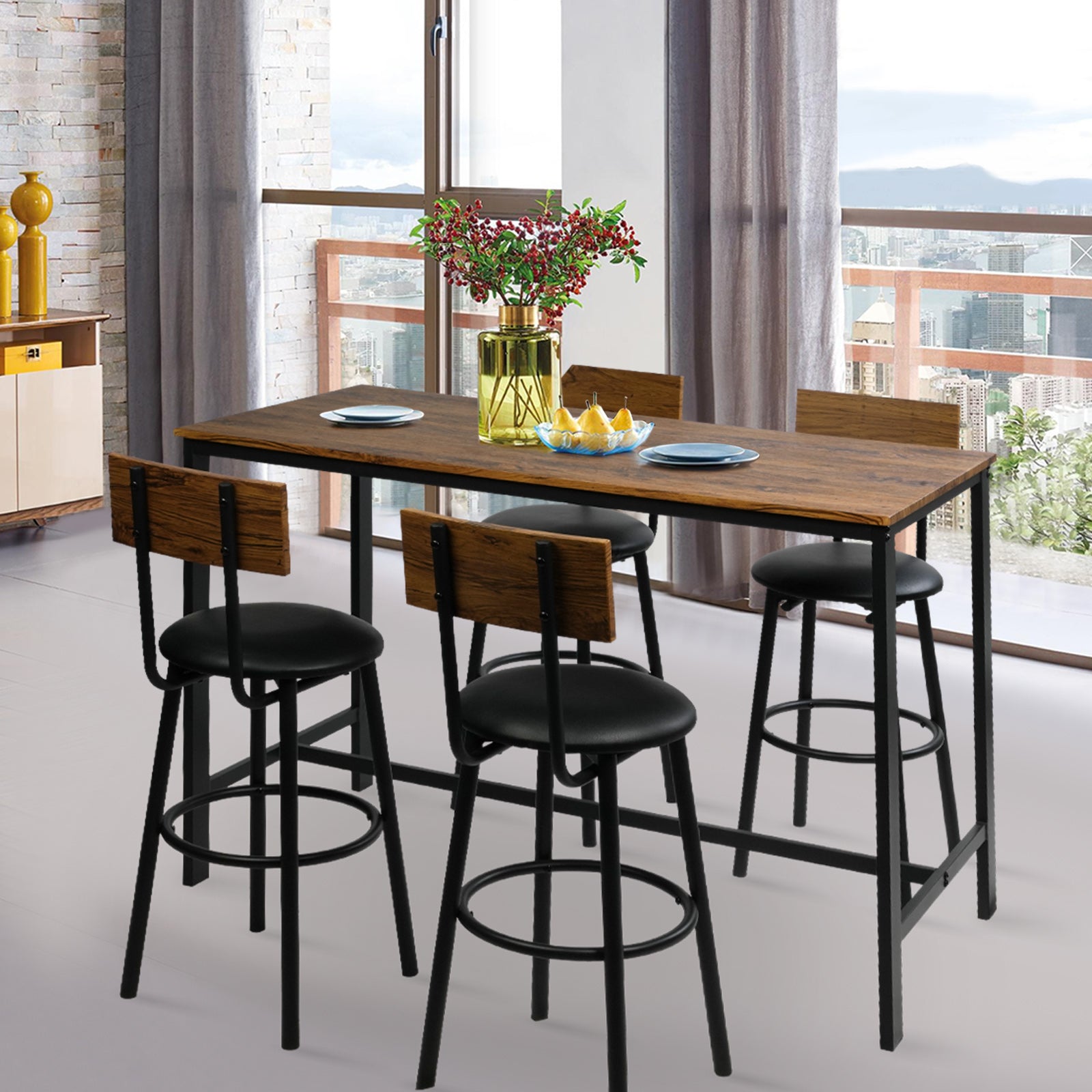 5 Piece Dining Bar Table Set, 1 Bar Table 47.3" for 4 with 4 Upholstered Bar Stools
