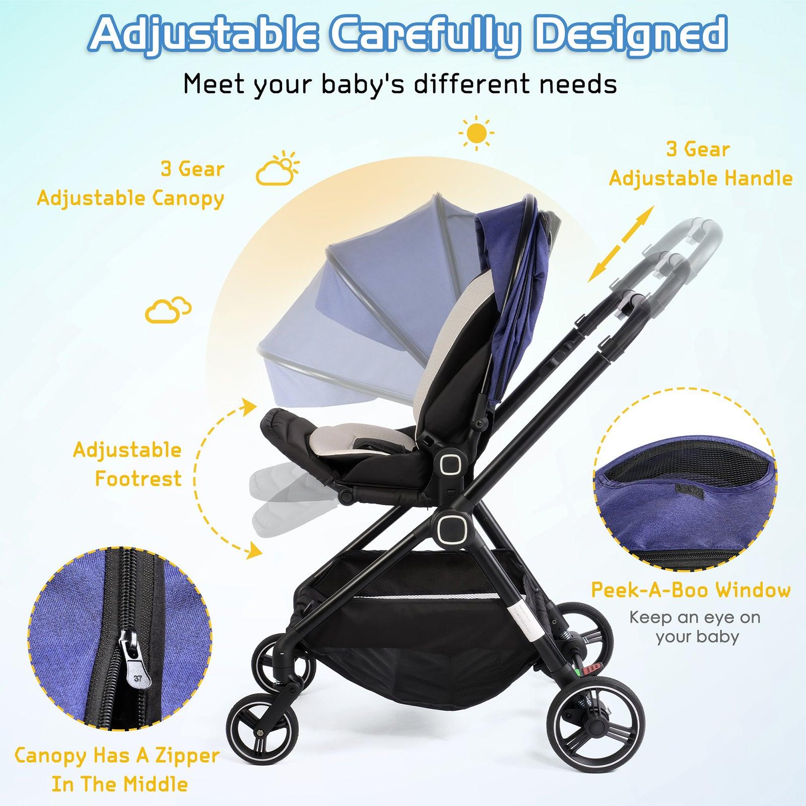 Easy Fold Baby Stroller Lightweight High Landscape Infant Pushchair with Reversible Seat Blue
