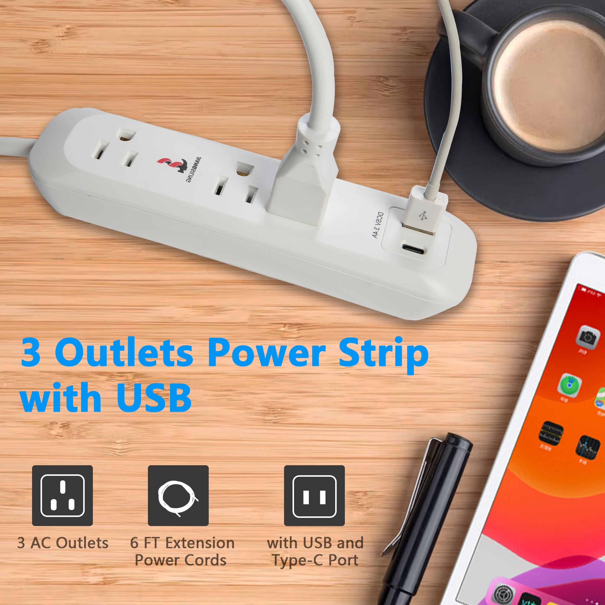 Set of 2 Power Strip 3 Outlet 1 USB Port 1 Type-C Port with Surge Protectorfor Office Home Travel