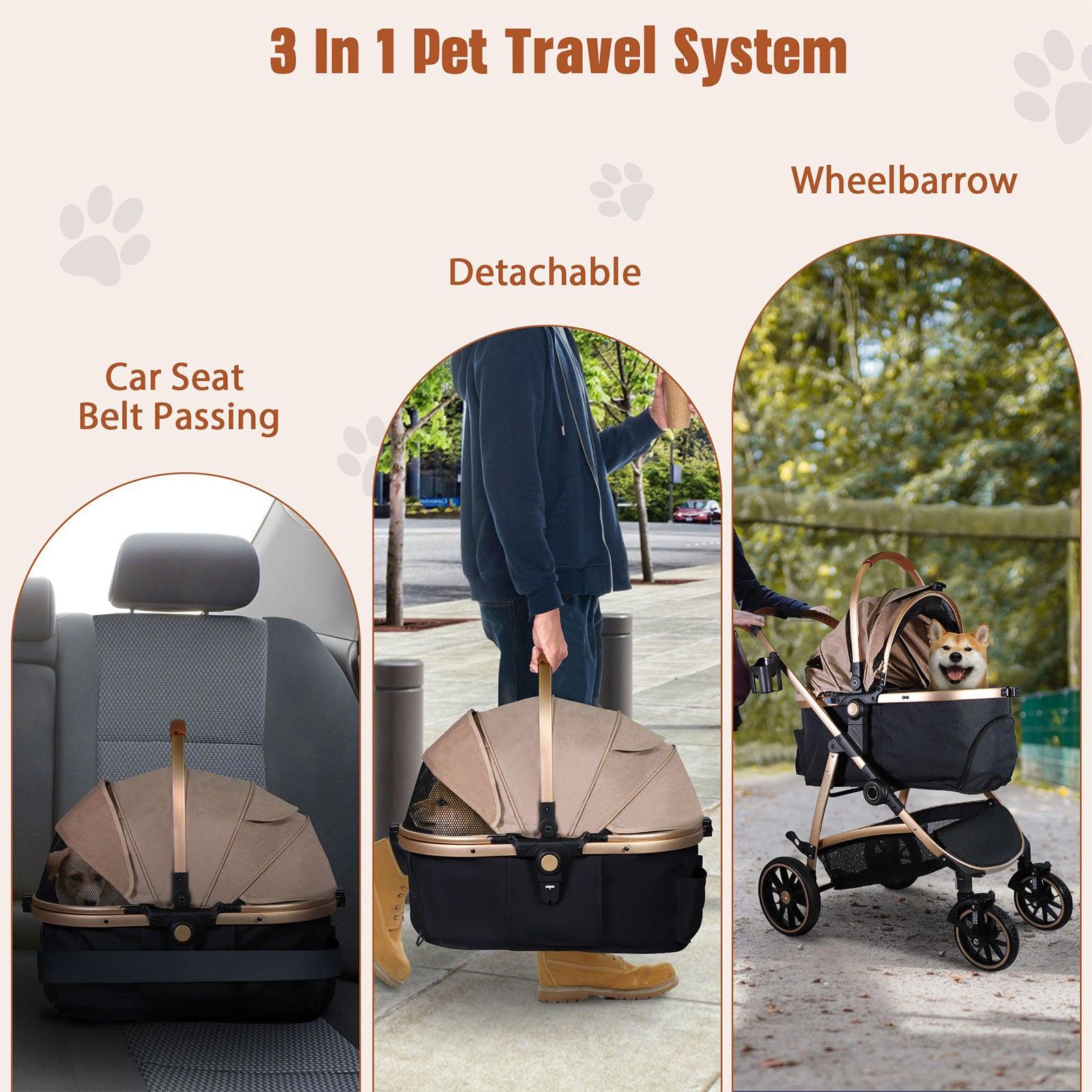 3 in 1 Travel Dog Stroller Pet Carrier with Detachable Carrier & Adjustable Handle, Gold