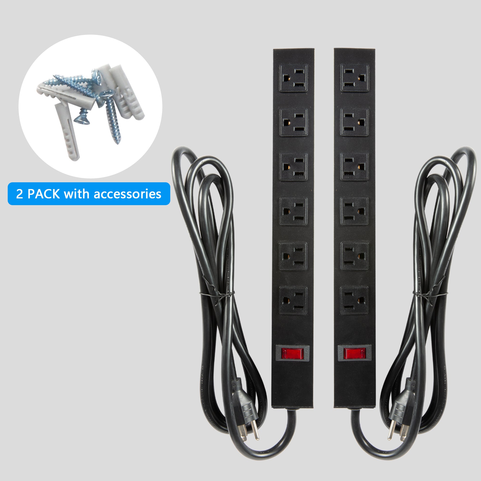 Set of 2 Power Strip with 6 Outlets 6 ft Extension Cord Wall Mount Metal Power Outlet, Black