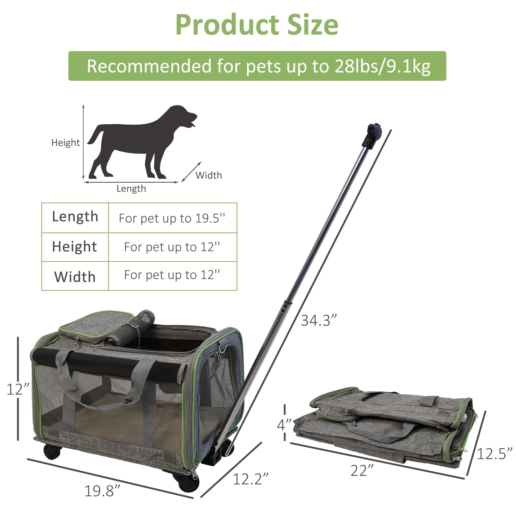 Folding Pet Carrier with Wheels Dog Cat Travel Carrier with Telescopic Handle, Gray