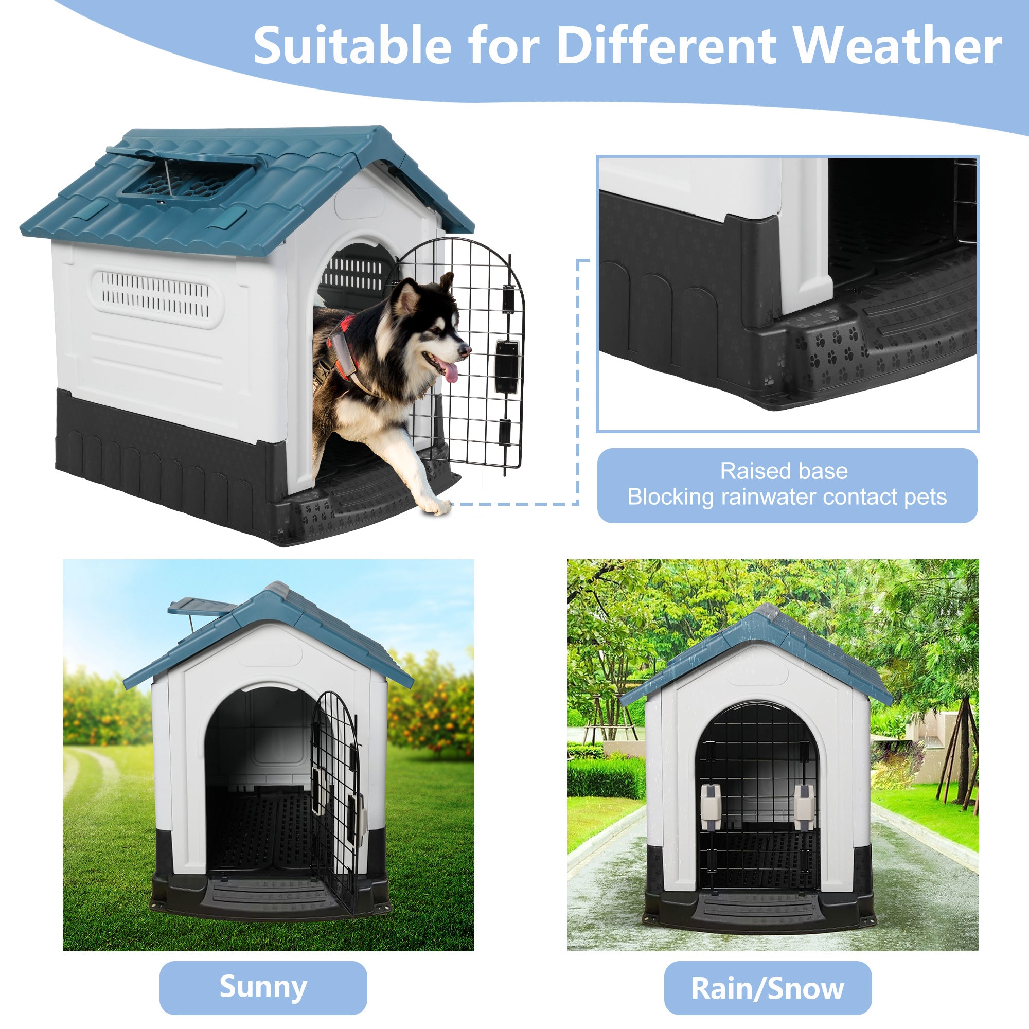 Outdoor Large Dog House Plastic Waterproof Kennel with Air Vents, 42.9"L x 40.5"W x 46.4"H, Blue Roof