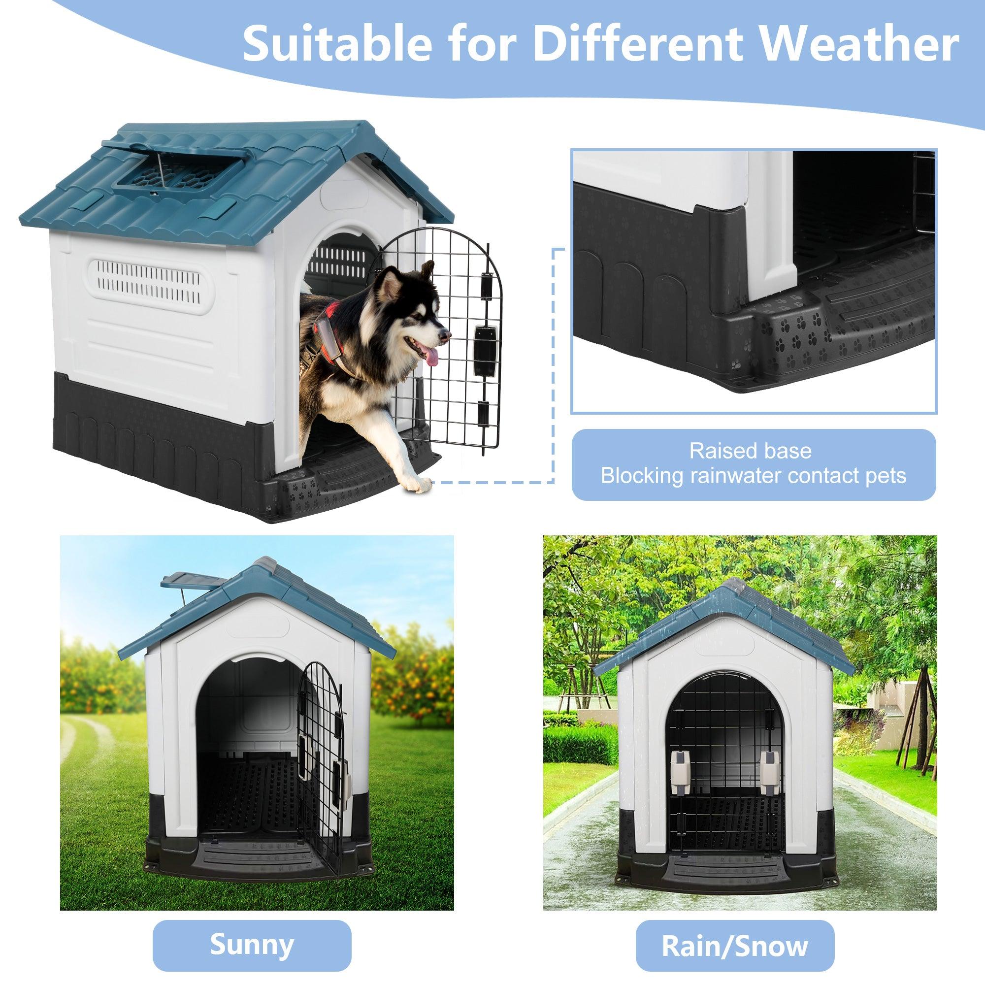 Outdoor Large Dog House Plastic Waterproof Kennel with Air Vents, 42.9"L x 40.5"W x 46.4"H, Blue Roof - Luckyermore