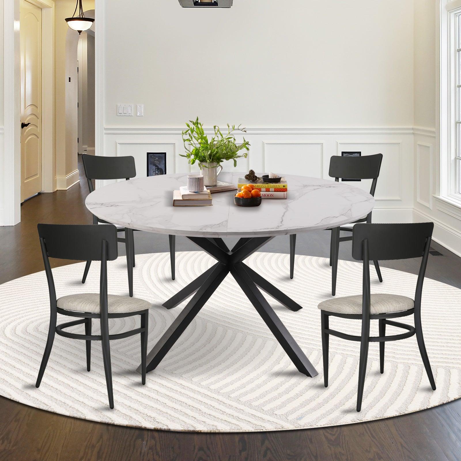 LUCKYERMORE 53" Round Mid-Century Modern Wooden Kitchen Dining Table for 4-6 with Solid Metal Leg, Marble Texture