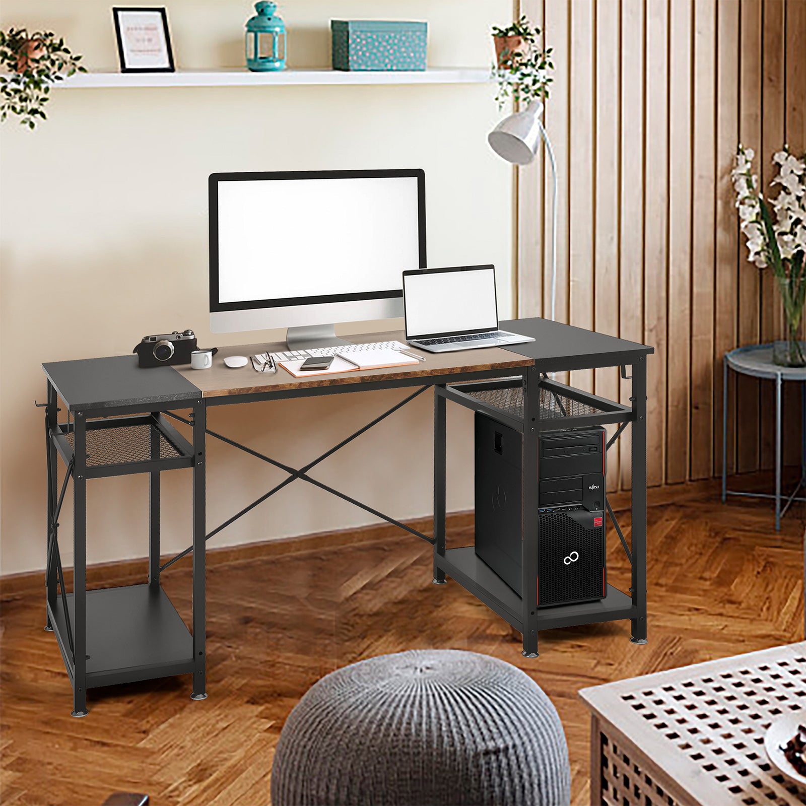 47.2" Home Office Computer Desk with Storage Shelves and 4 Hooks, Rustic and Black