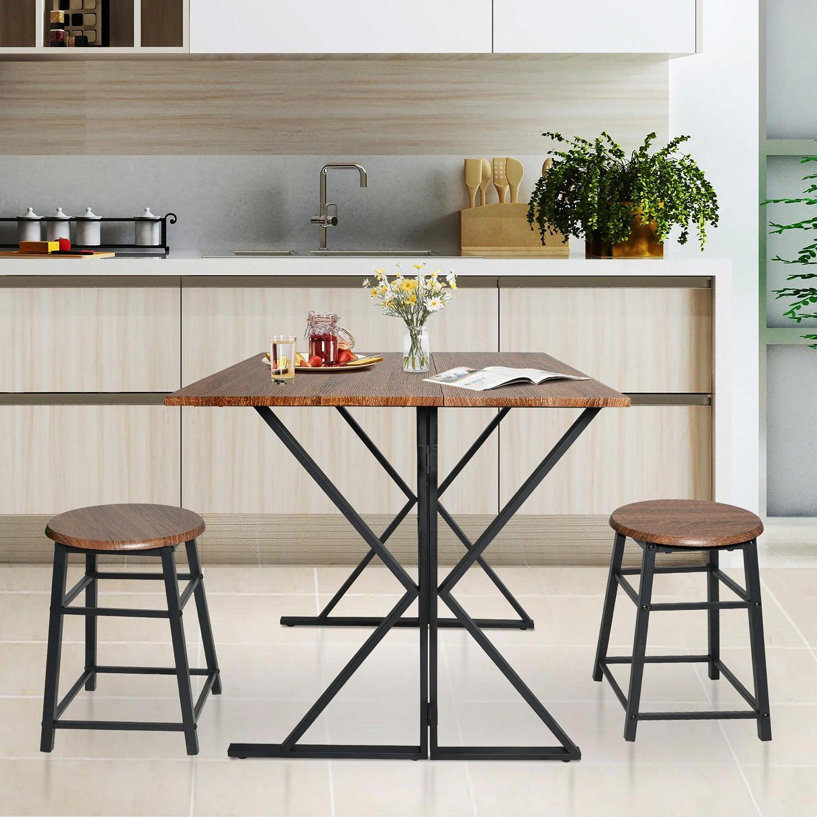 LUCKYERMORE Drop Leaf Dining Table Set for Small Space, 35.4" Drop Leaf Table with 2 Stools