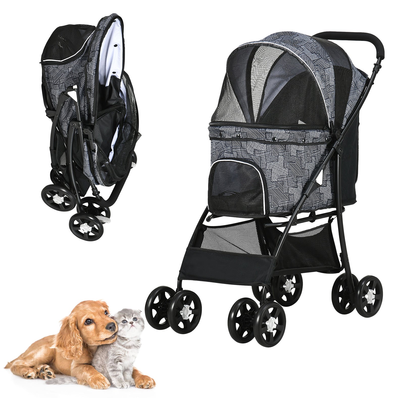 Lightweight Foldable Travel Carriage Pet Stroller with Storage Basket Breathable Mesh, Black