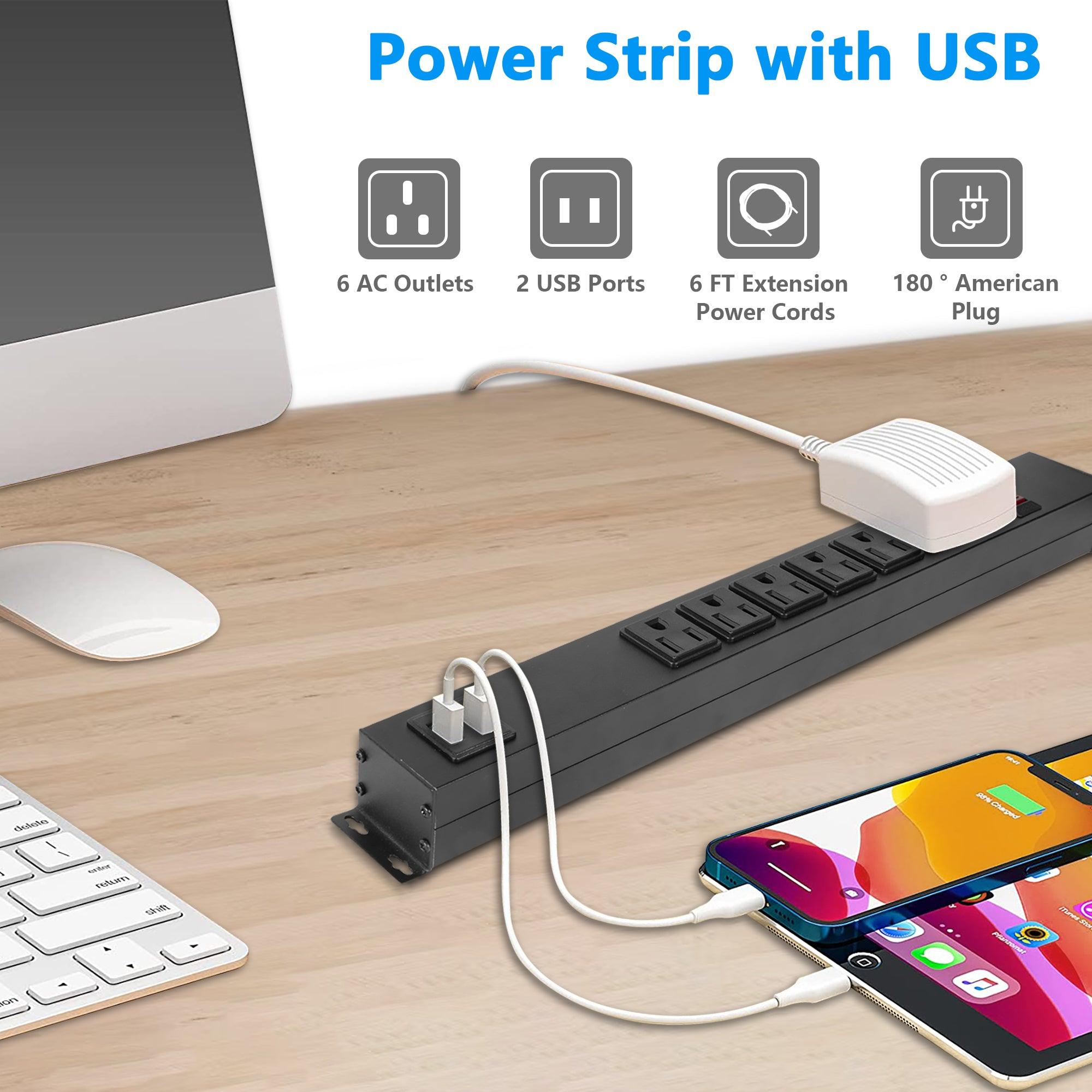 Set of 2 Power Strip with 6 Outlets 2 USB Ports 6 ft Extension Cord Wall Mount, Black - Luckyermore