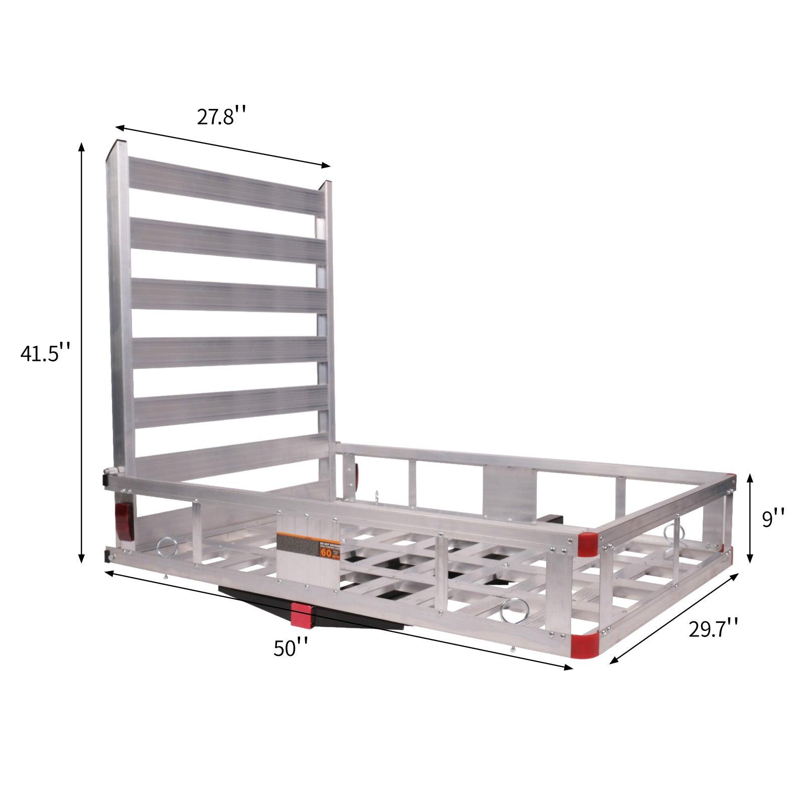 LUCKYERMORE 50"x 29.7" Hitch Mount Cargo Carrier Trailer Aluminum Utility Basket with 41.5" Folding Wheelchair Ramp, Silver