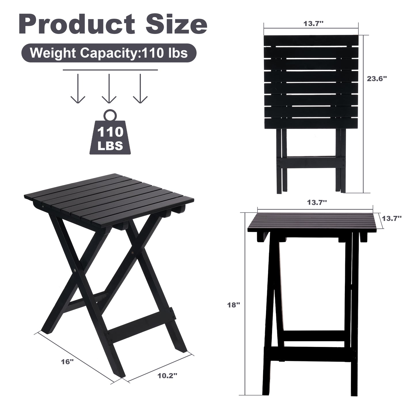 13.7" Square Outdoor Patio Folding Side Table Wood Portable End Table, Black