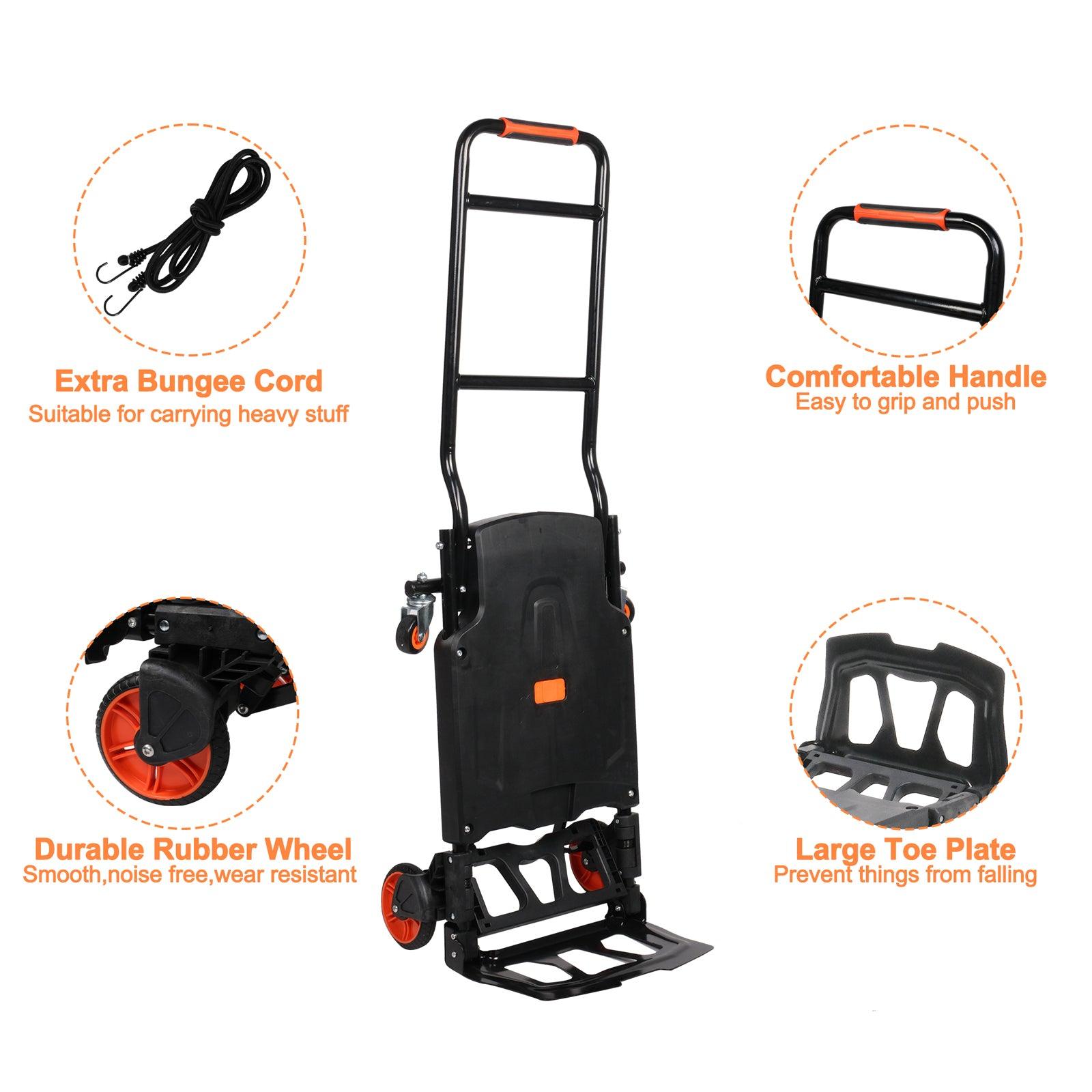 2 in 1 One-Button Folding Hand Truck Folding Portable Flatbed Dolly Cart with Secure Cord, 330lbs Capacity - Luckyermore