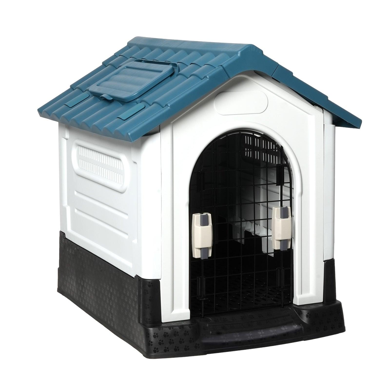 Outdoor Large Dog House Plastic Waterproof Kennel with Air Vents, 42.9"L x 40.5"W x 46.4"H, Blue Roof - Luckyermore