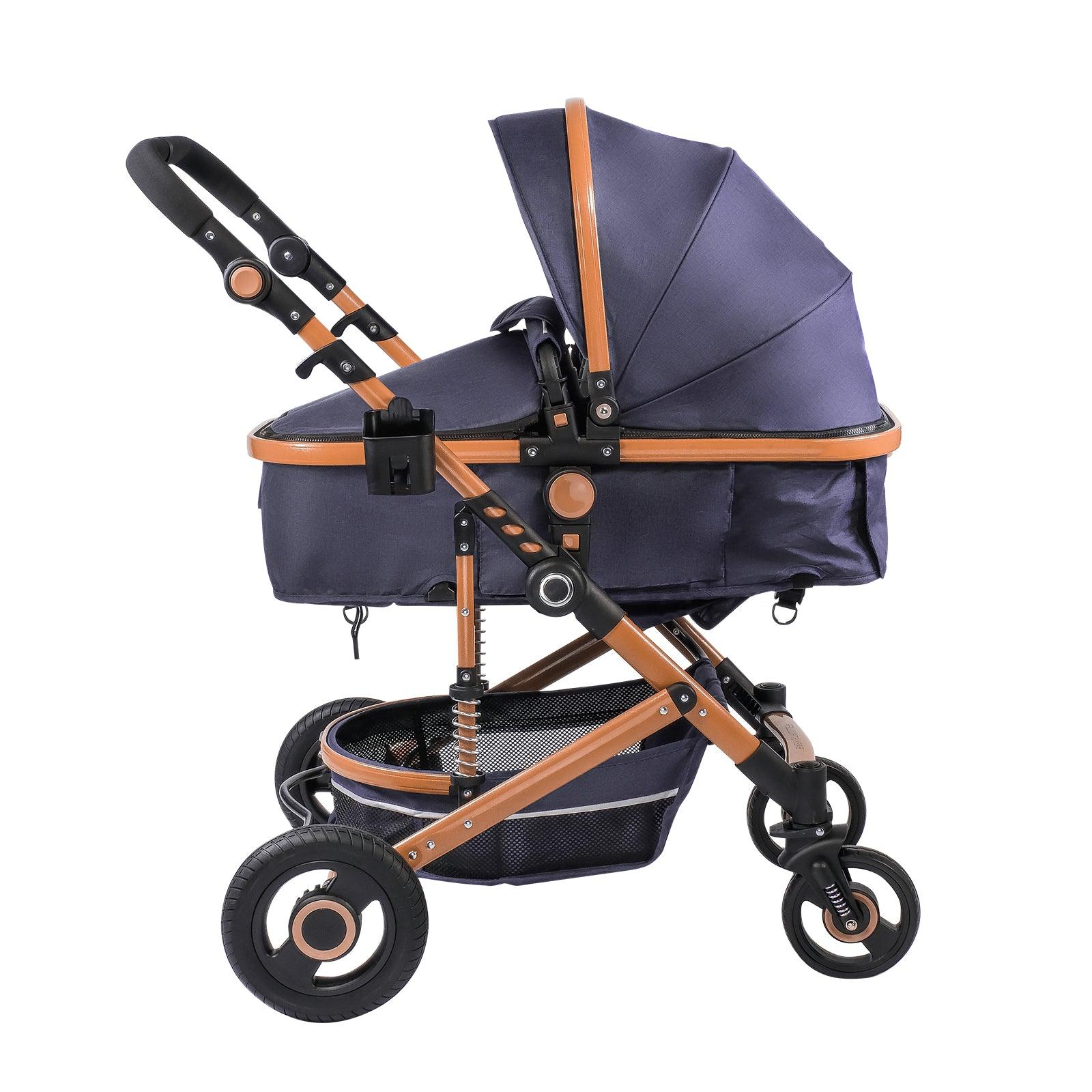 2 in 1 Baby Stroller Newborn Reversible Bassinet Pram Foldable Pushchair with Adjustable Canopy, Navy Blue - Luckyermore