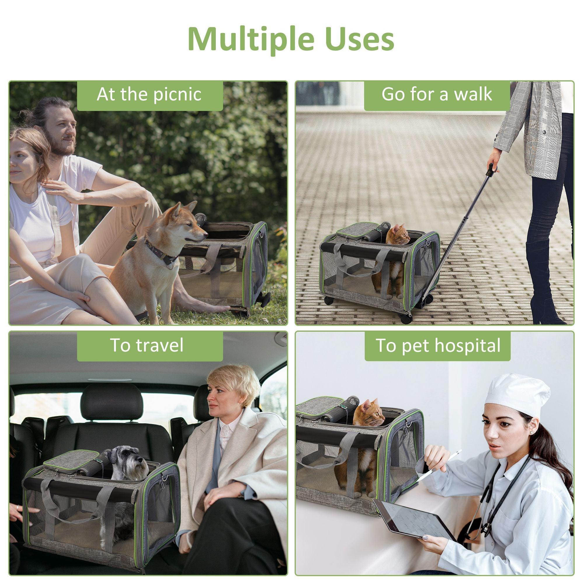 Folding Pet Carrier with Wheels Dog Cat Travel Carrier with Telescopic Handle, Gray - Luckyermore